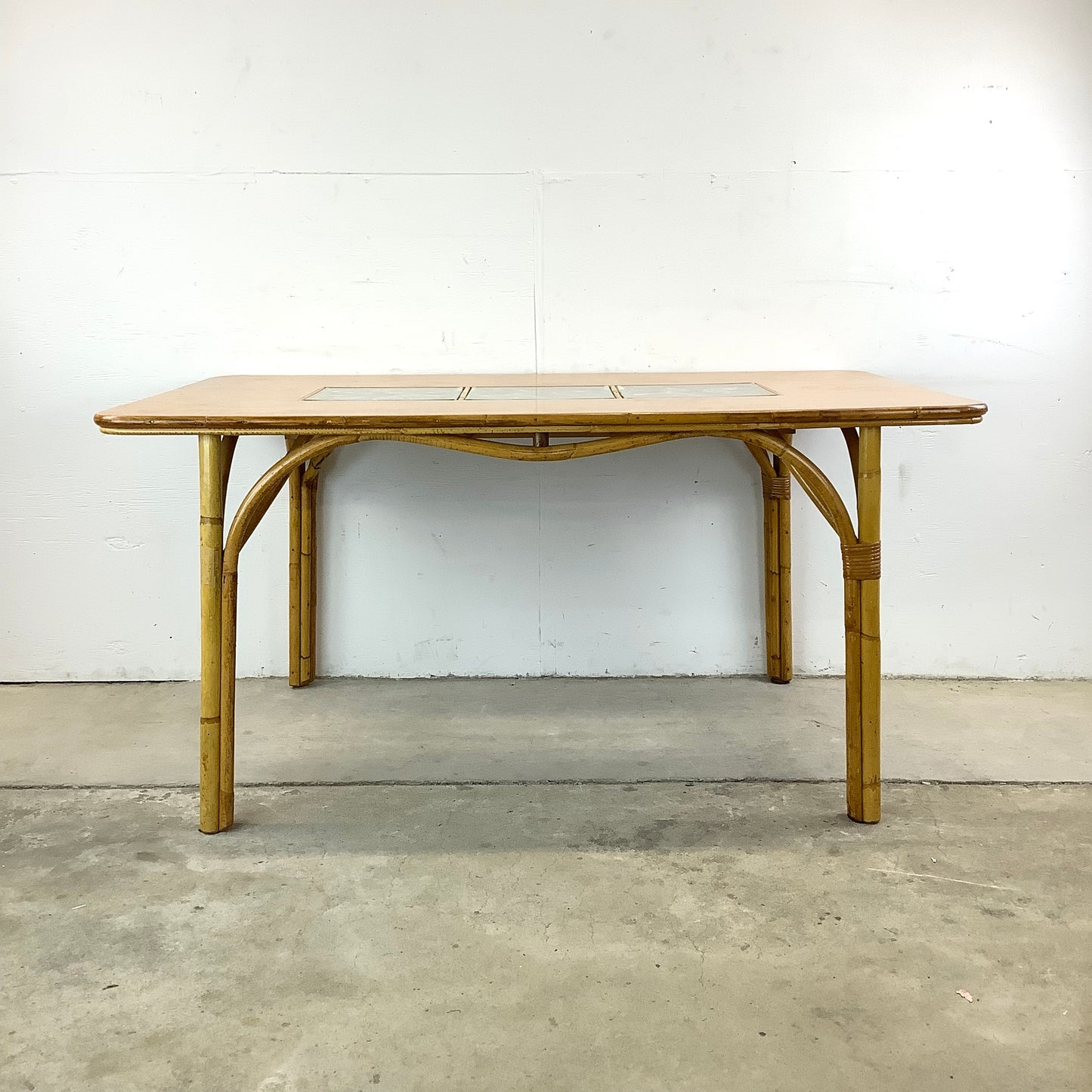 Vintage Bamboo Dining Table With Glass Inserts