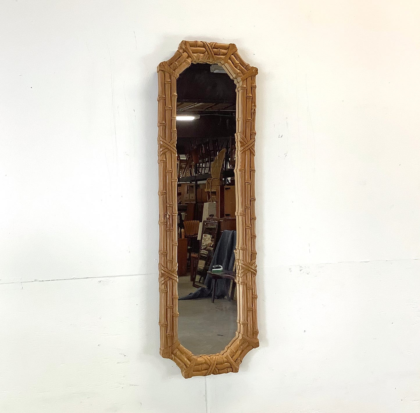 Natural Wood Faux Bamboo Mirror – 1970s Bohemian Coastal Design