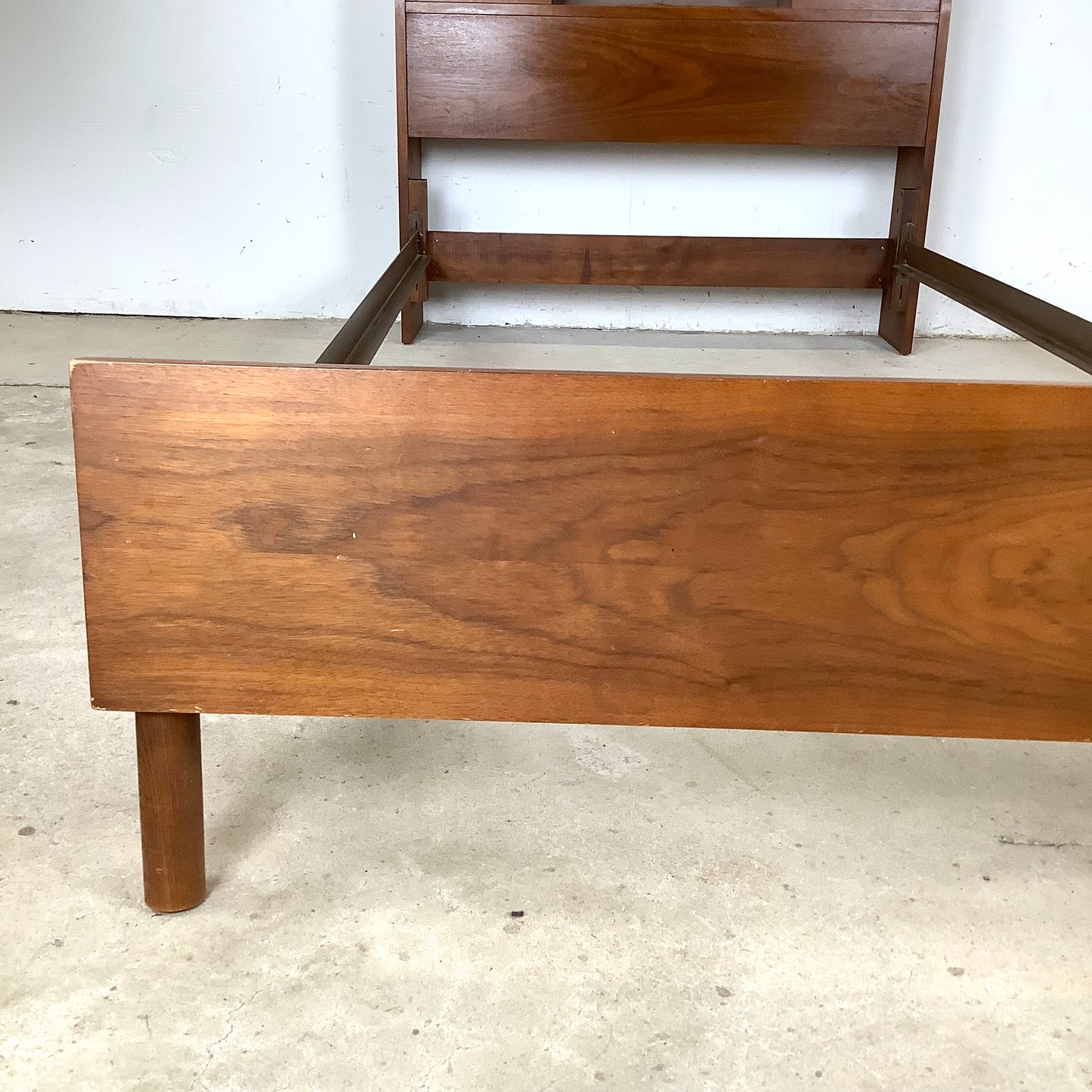Mid-Century Walnut Twin Bed Frame with Storage Headboard