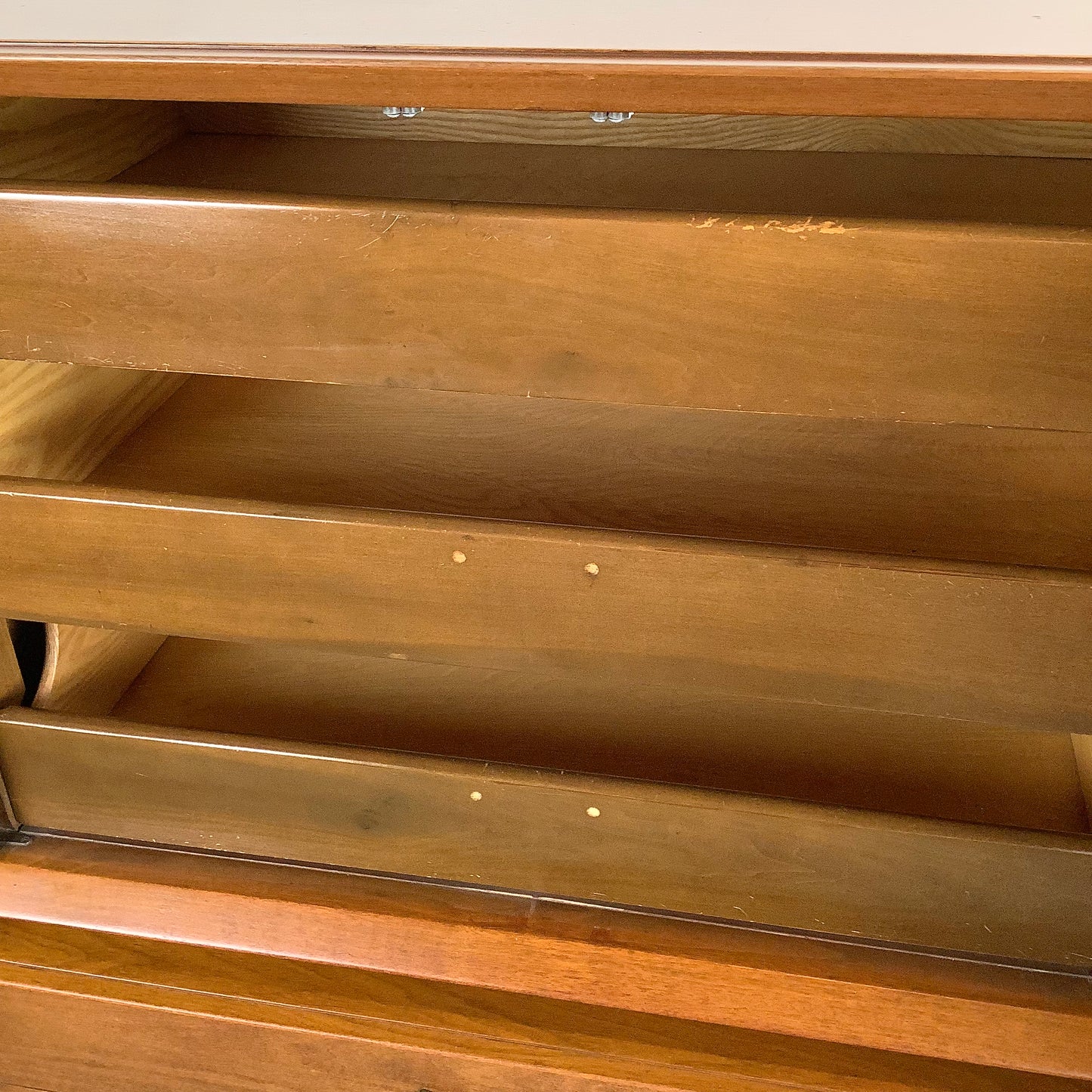 Mid-Century Walnut Highboy With Brass Pulls and Interior Drawers