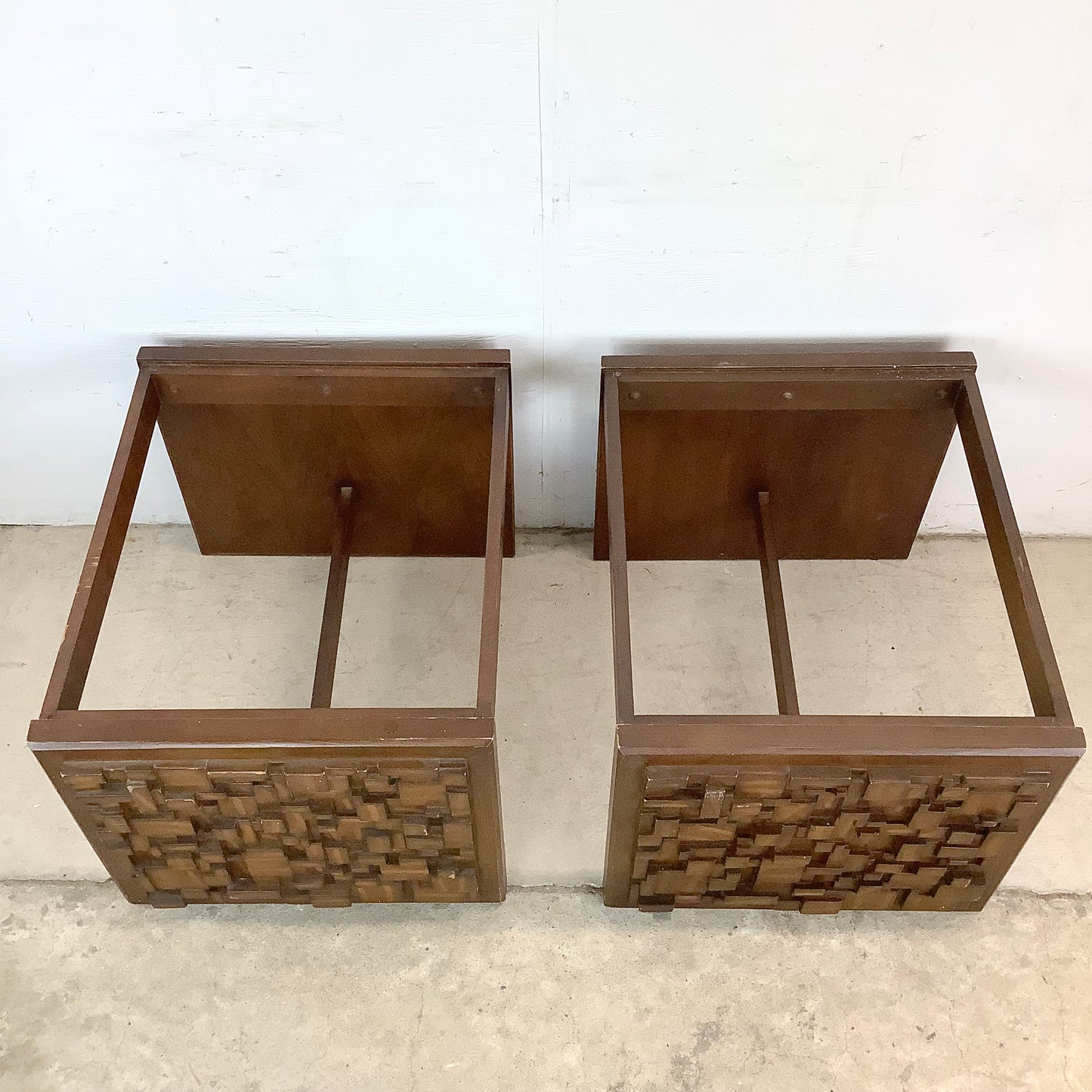 Pair Brutalist Modern Glass Top End Tables