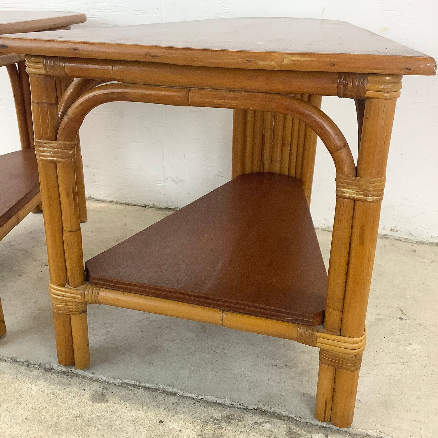 Pair Paul Frankl Style Rattan Wedge End Tables