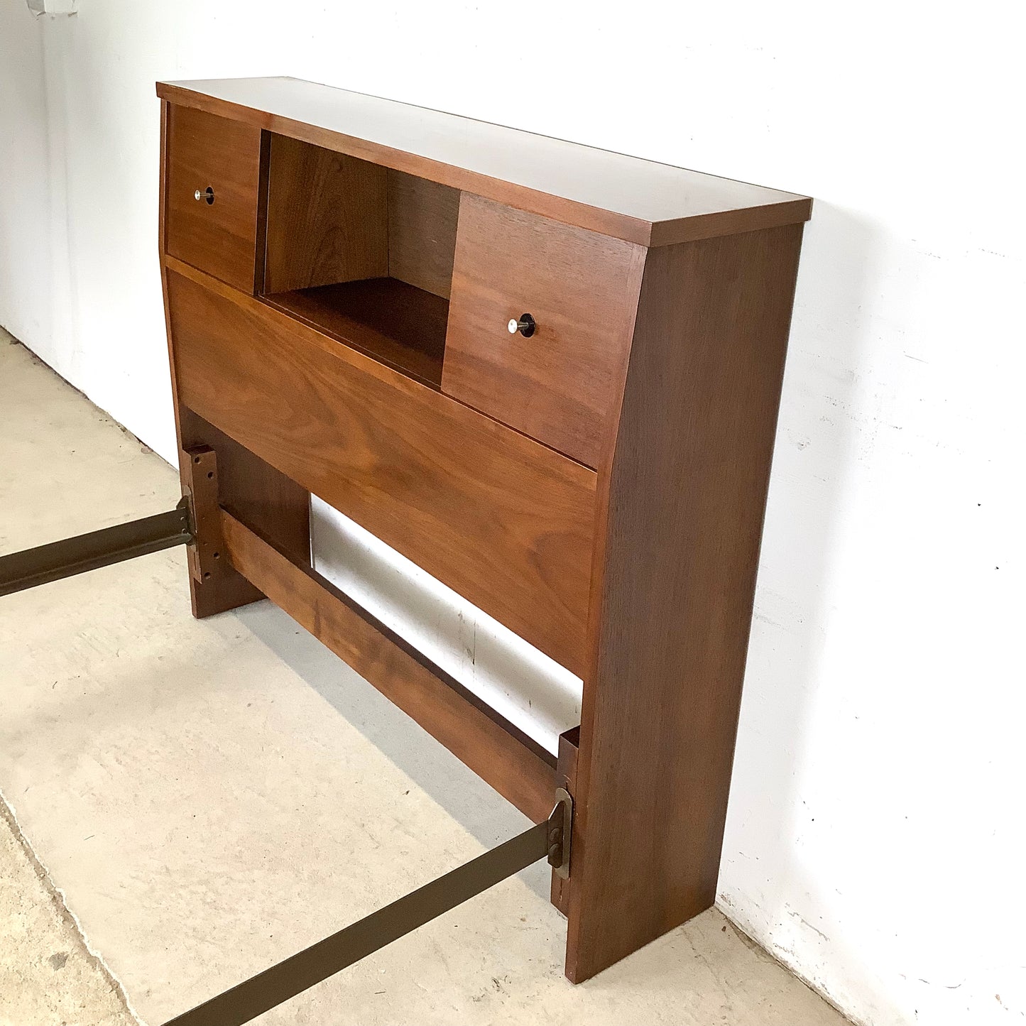 Mid-Century Walnut Twin Bed Frame with Storage Headboard