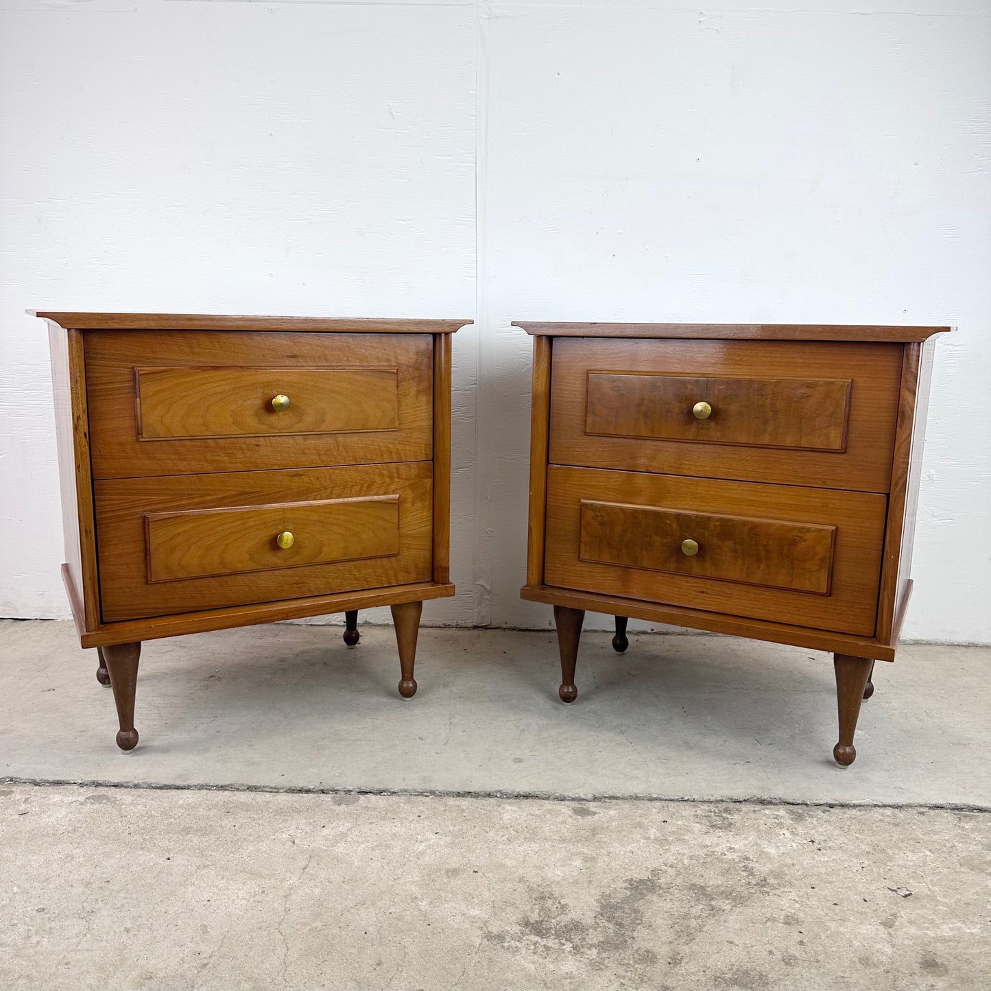 Mid-Century Two Drawer Nightstands with Drumstick Legs