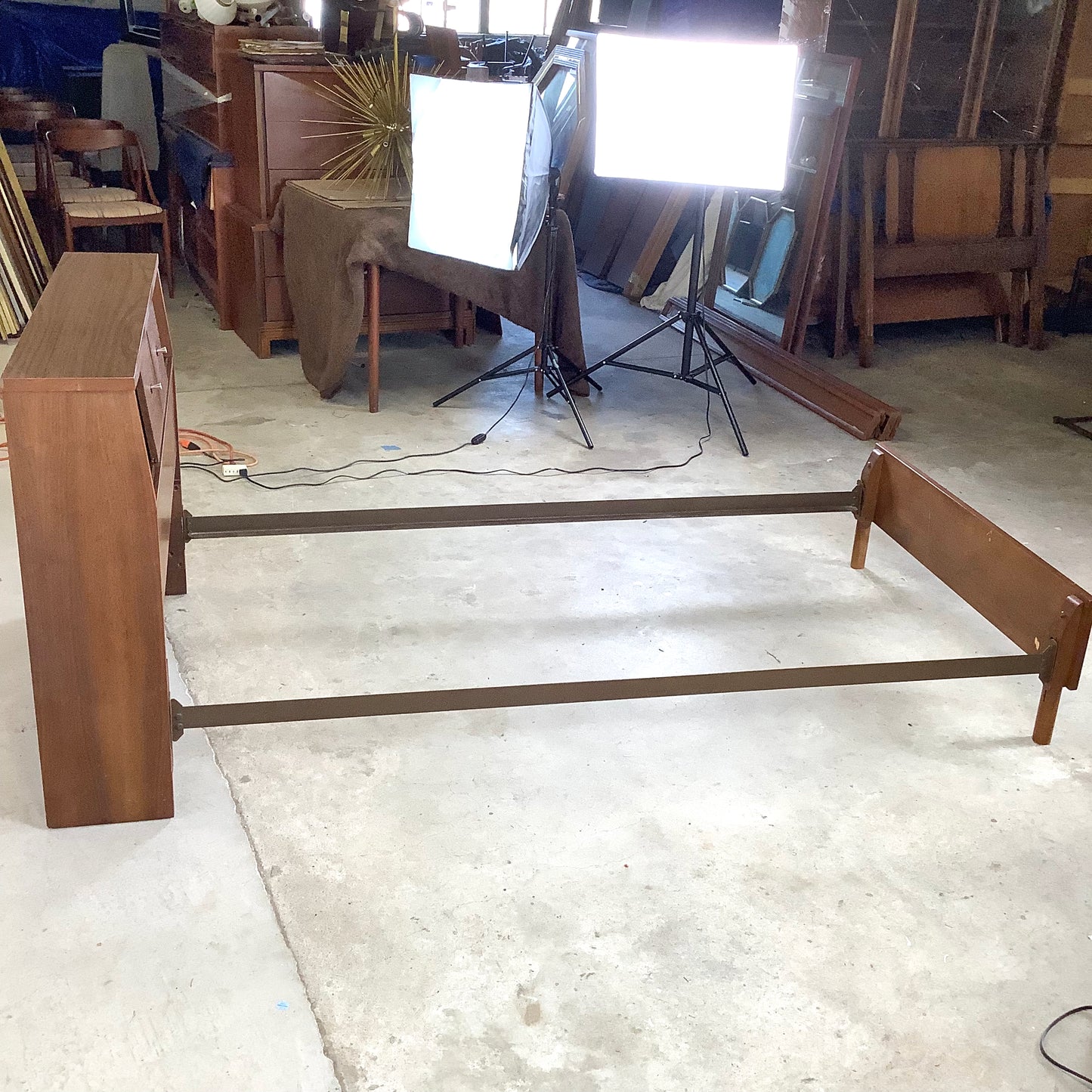 Mid-Century Walnut Twin Bed Frame with Storage Headboard