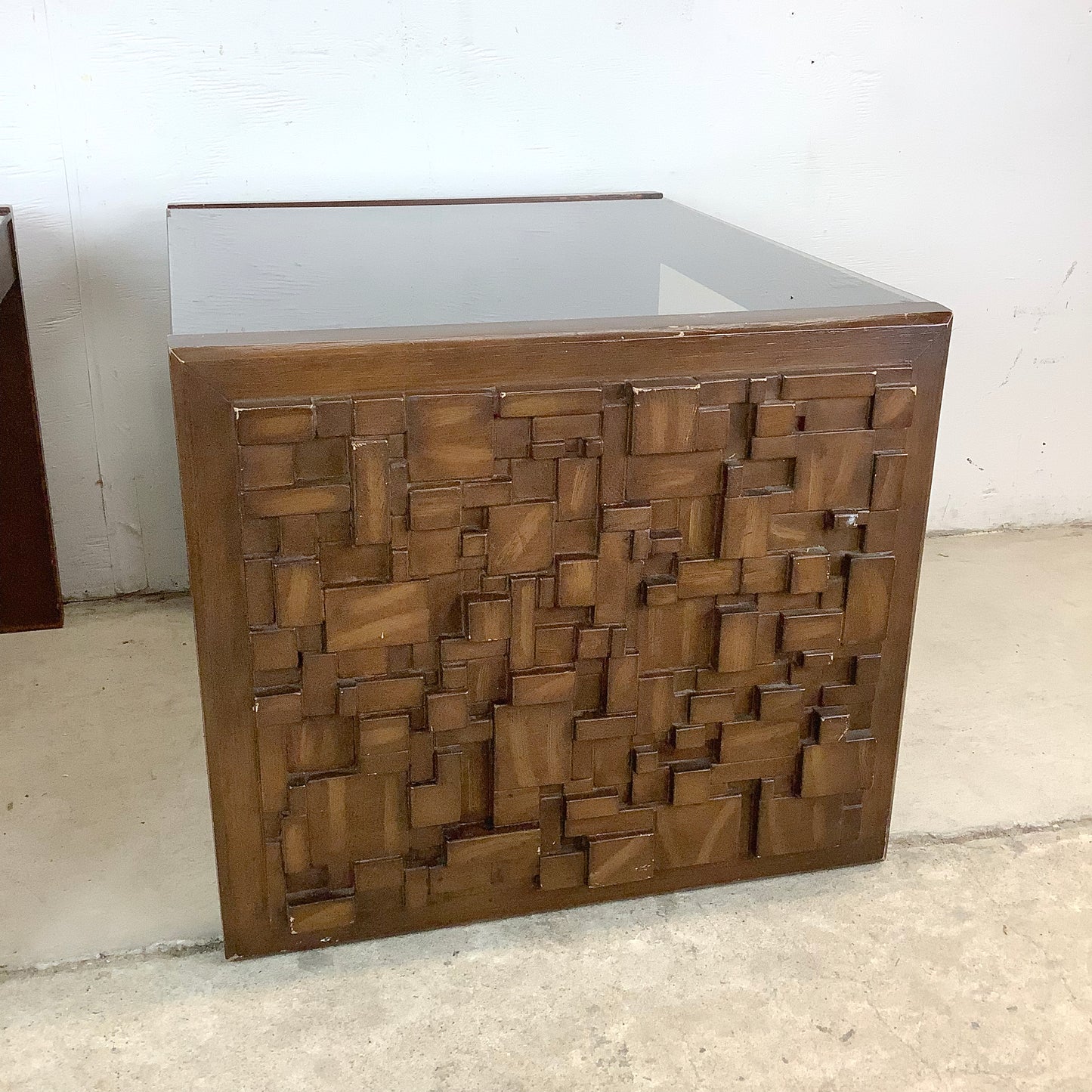 Pair Brutalist Modern Glass Top End Tables