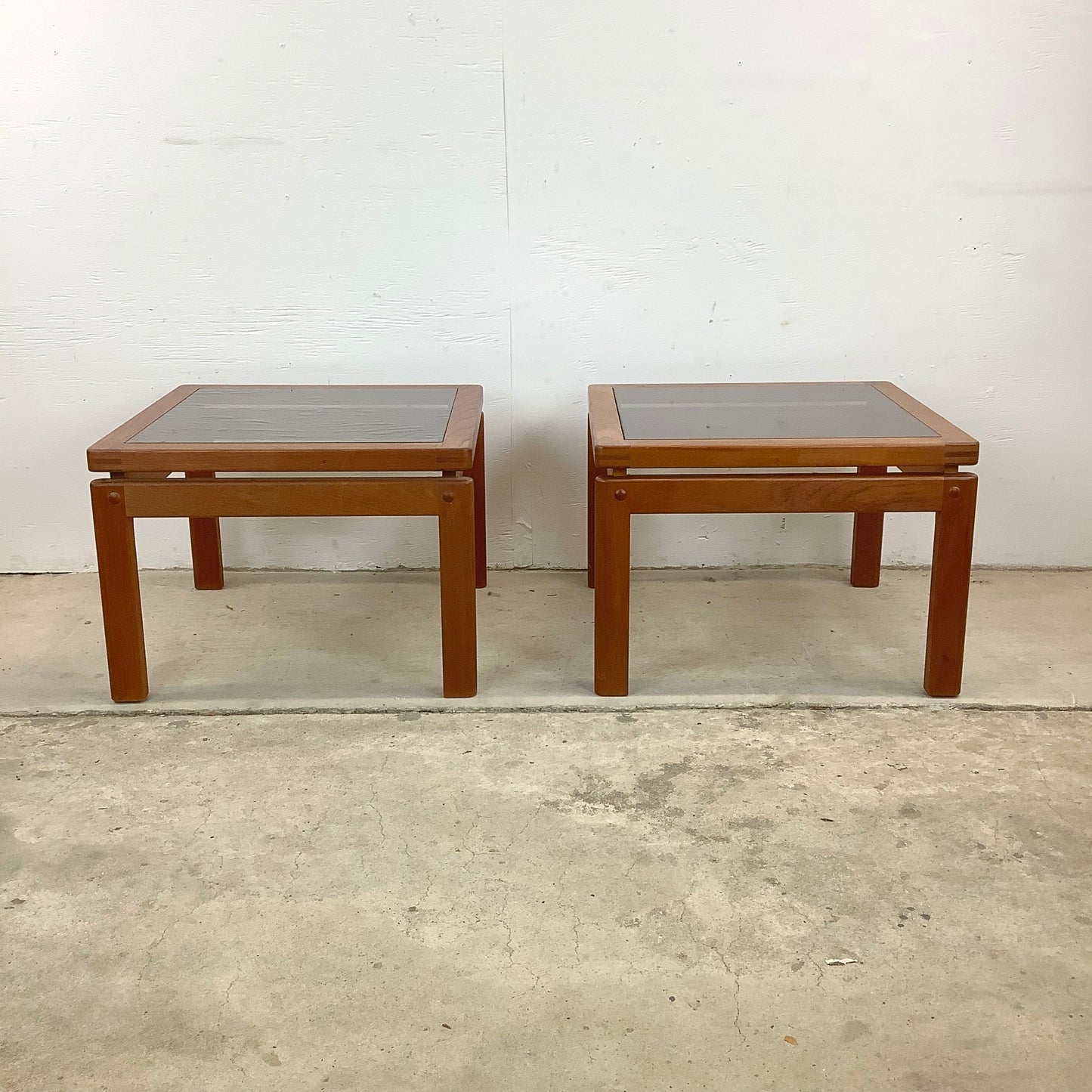 Danish Modern Teak End Tables With Smoked Glass- Pair