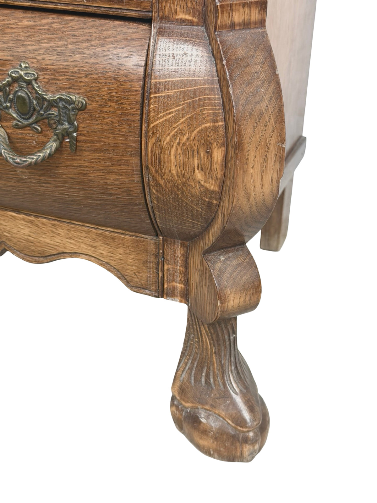 Vintage Dutch Baroque Revival Oak Bombé Three-Drawer Chest with Paw Feet