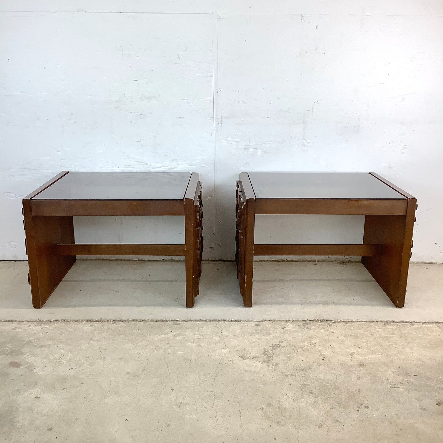 Pair Brutalist Modern Glass Top End Tables