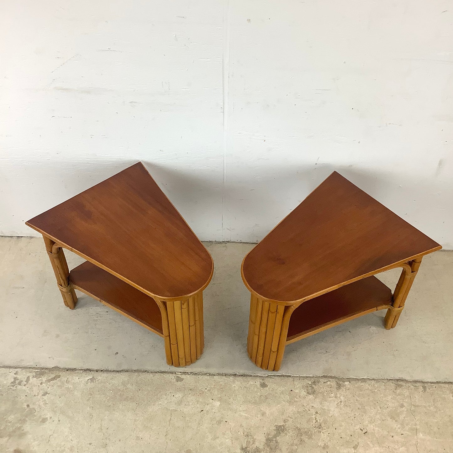 Pair Paul Frankl Style Rattan Wedge End Tables