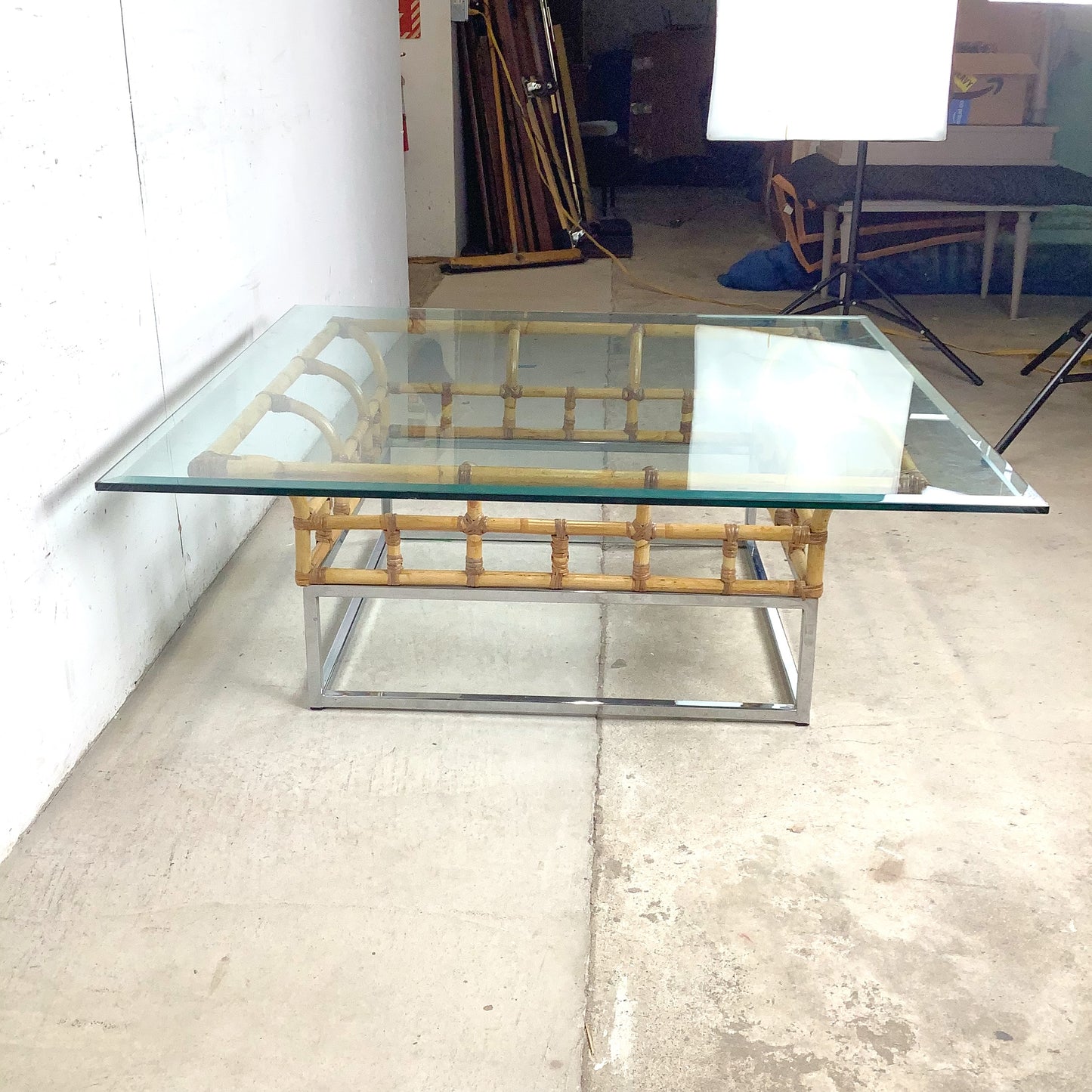 Vintage Hollywood Regency Bamboo, Chrome, and Glass Square Coffee Table