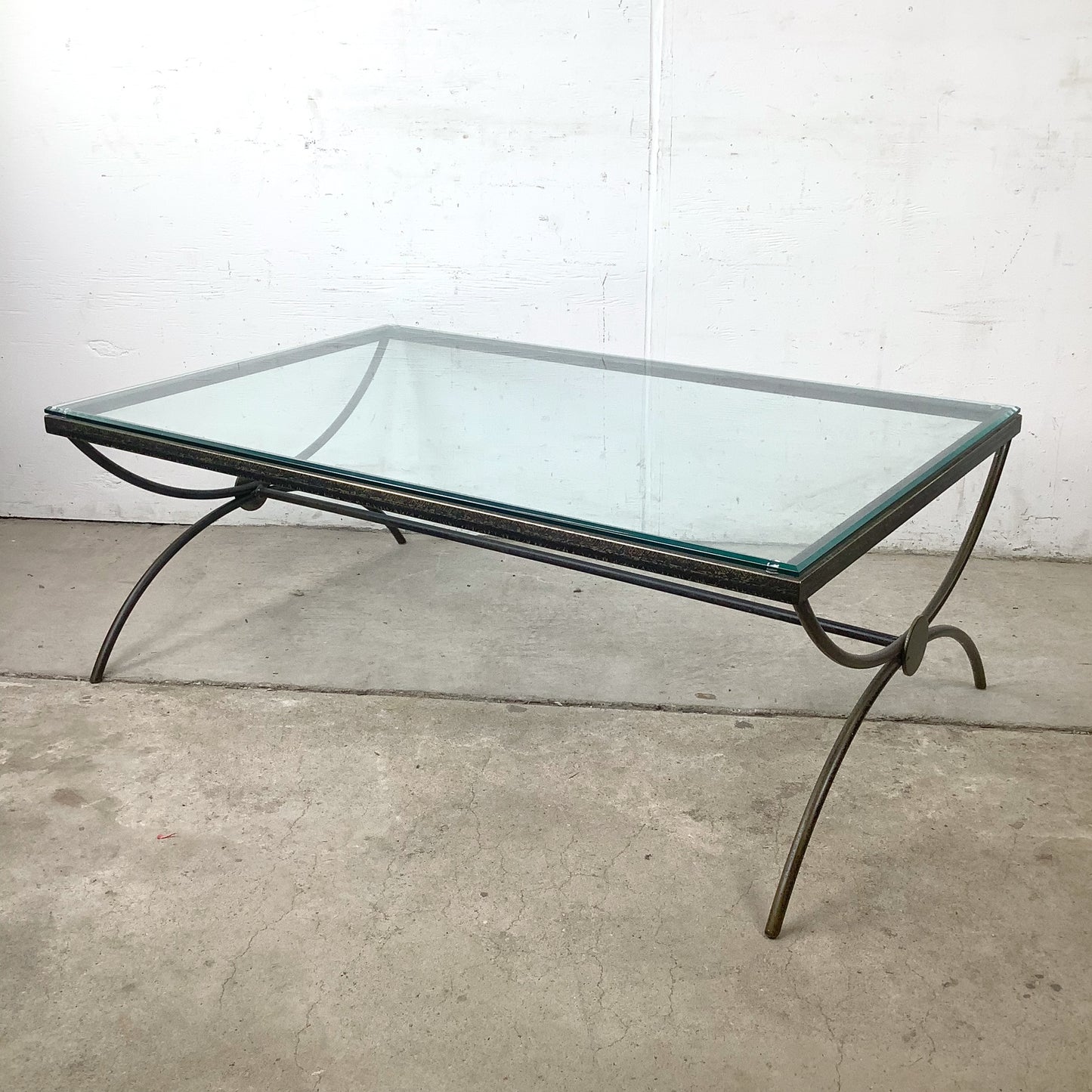 Vintage Modern Glass Coffee Table with Sculptural Wrought Iron Base
