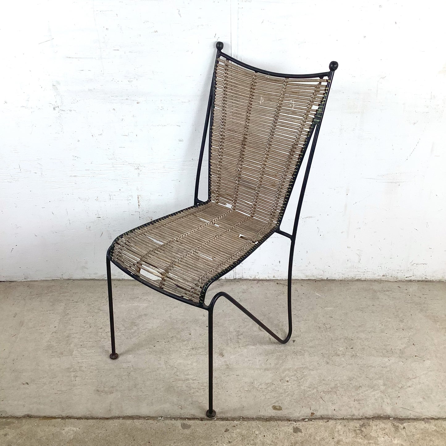 Vintage Wrought Iron & Woven Reed Dining Chair in the Style of Brown Jordan