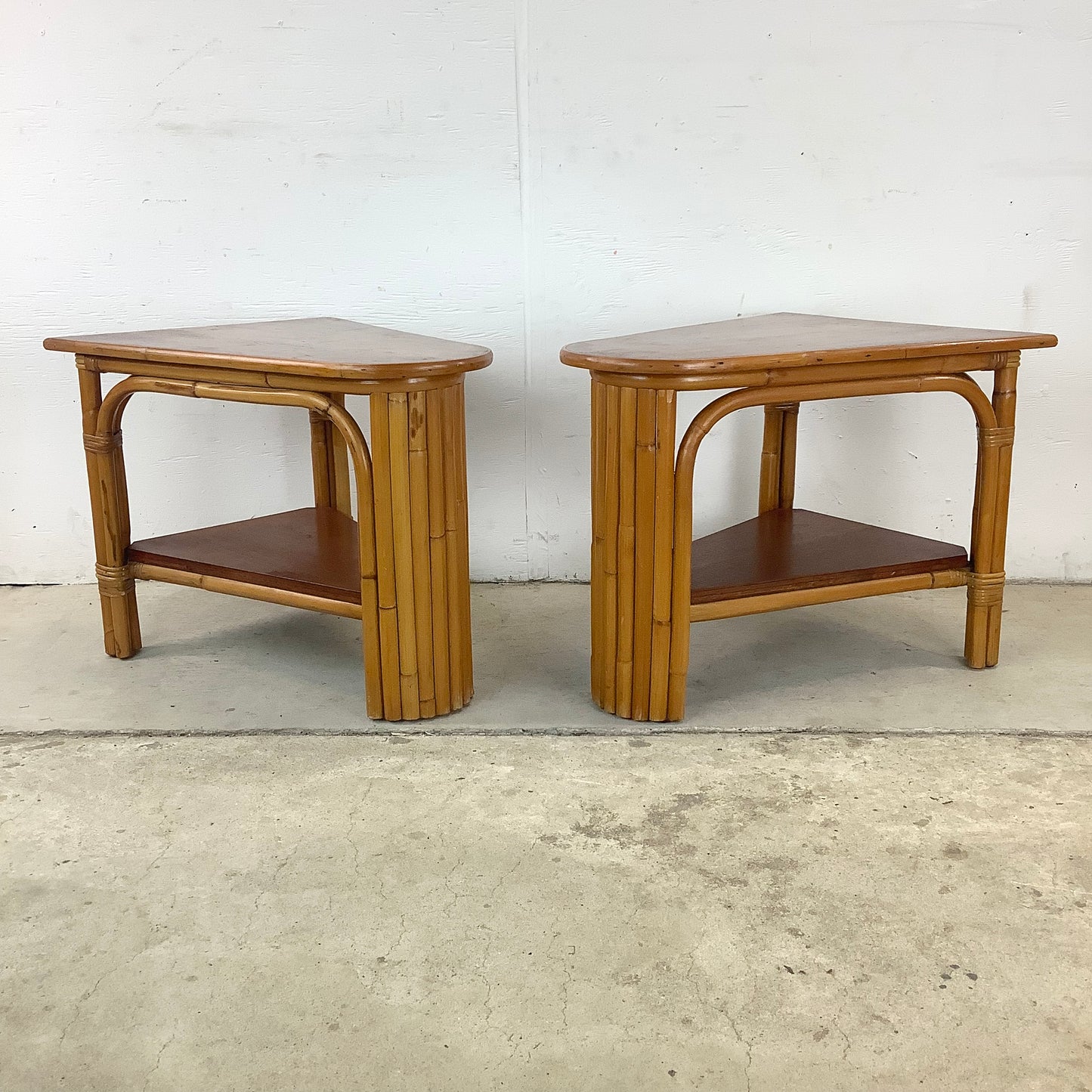 Pair Paul Frankl Style Rattan Wedge End Tables