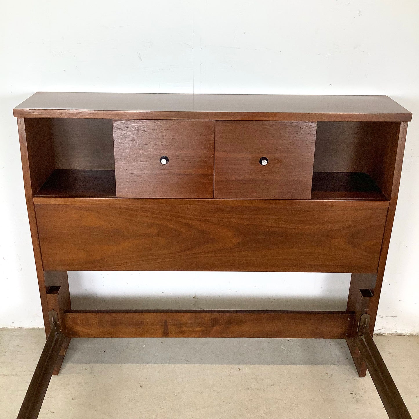 Mid-Century Walnut Twin Bed Frame with Storage Headboard