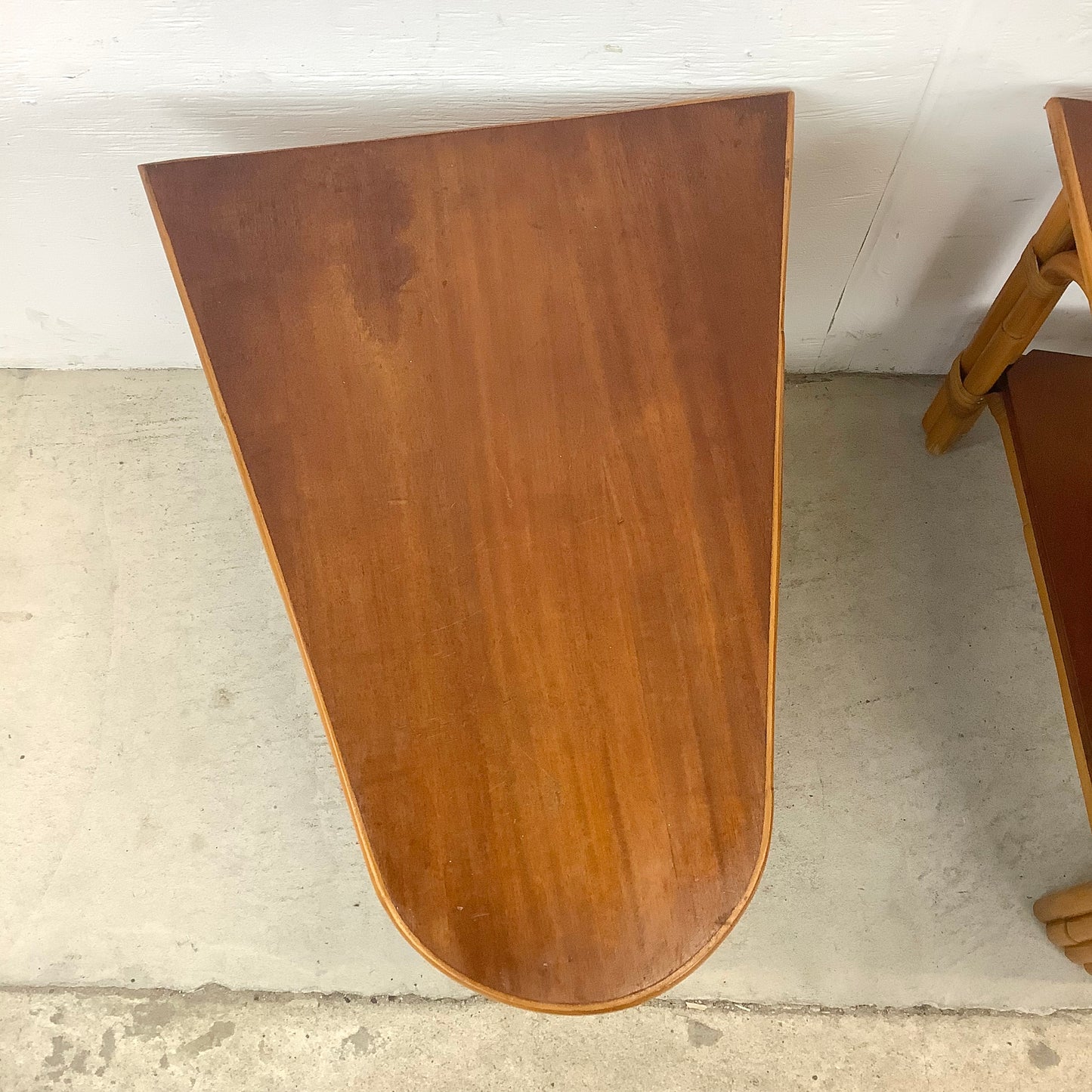 Pair Paul Frankl Style Rattan Wedge End Tables