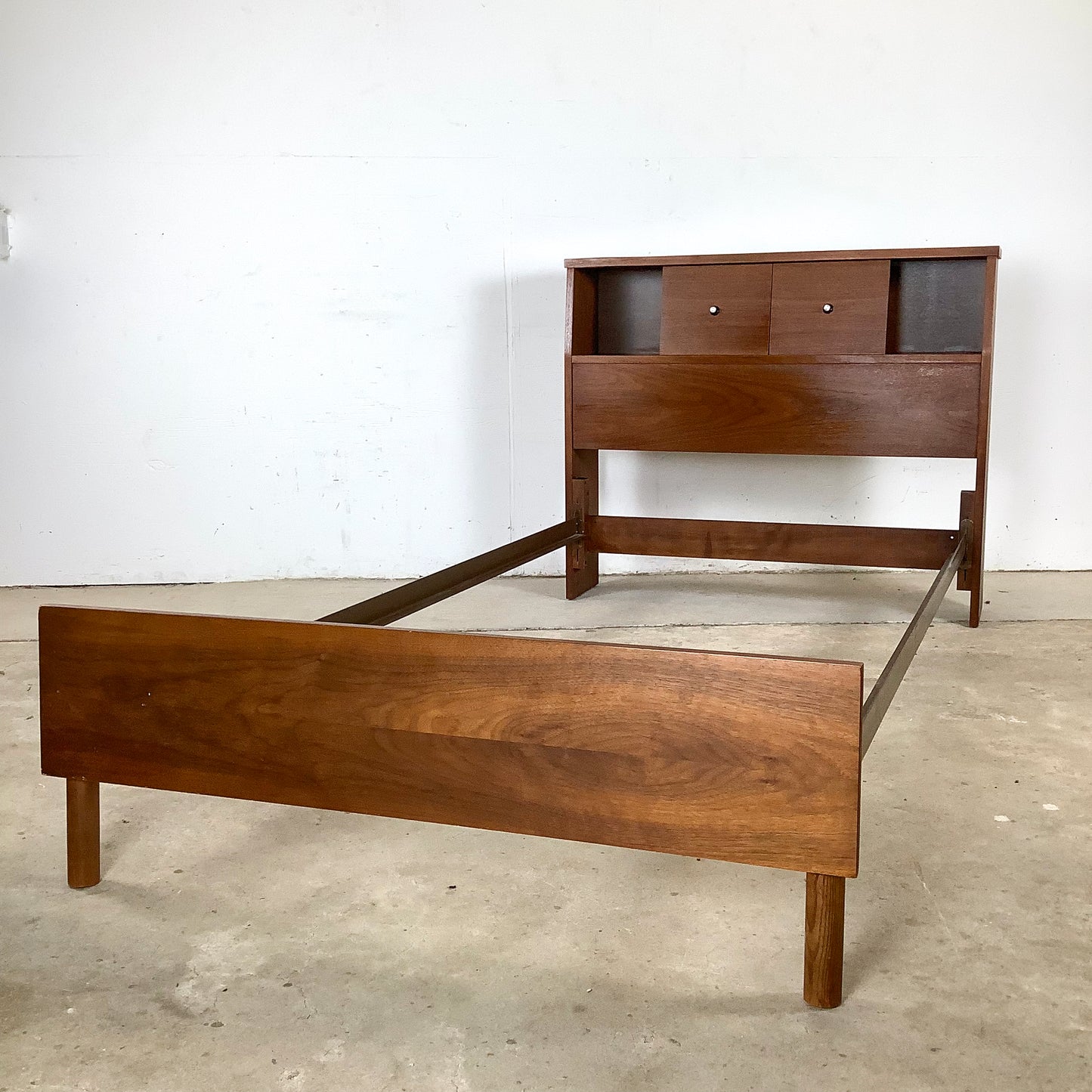 Mid-Century Walnut Twin Bed Frame with Storage Headboard
