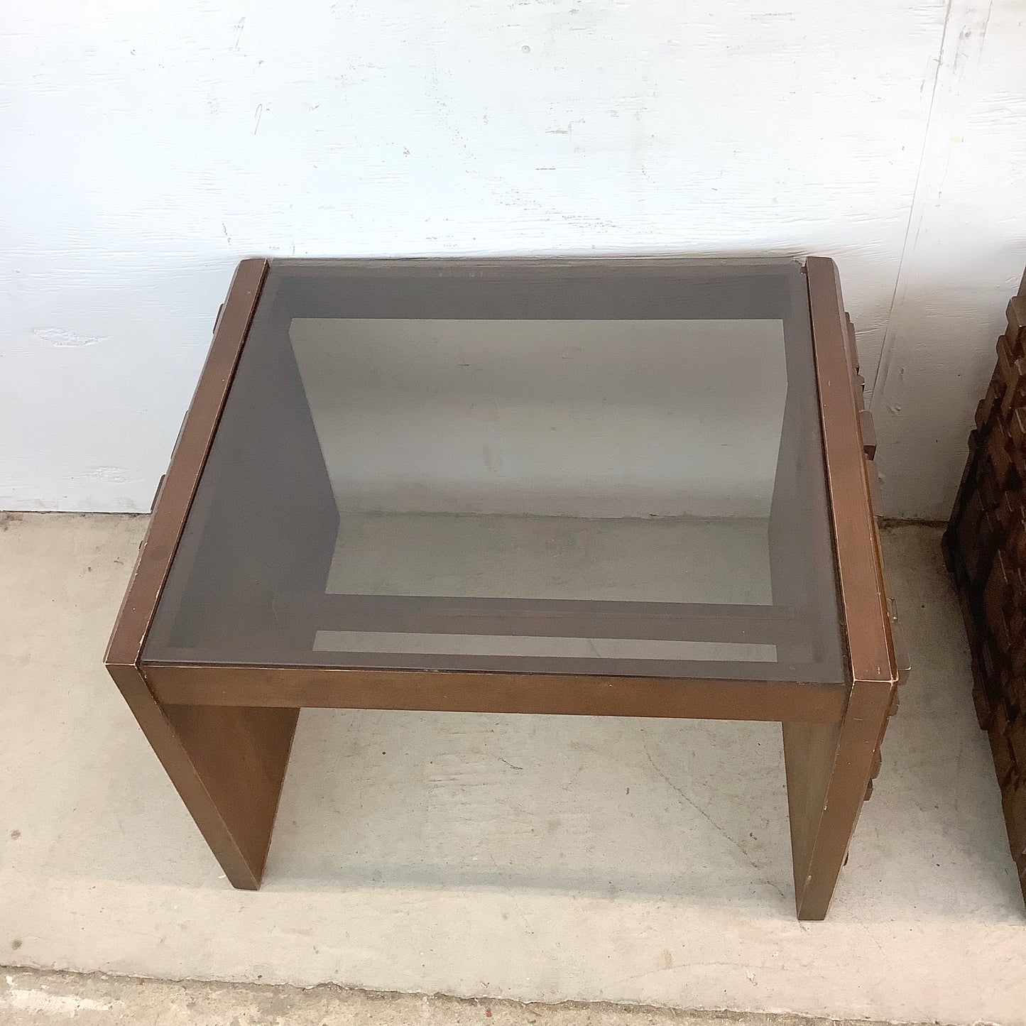 Pair Brutalist Modern Glass Top End Tables