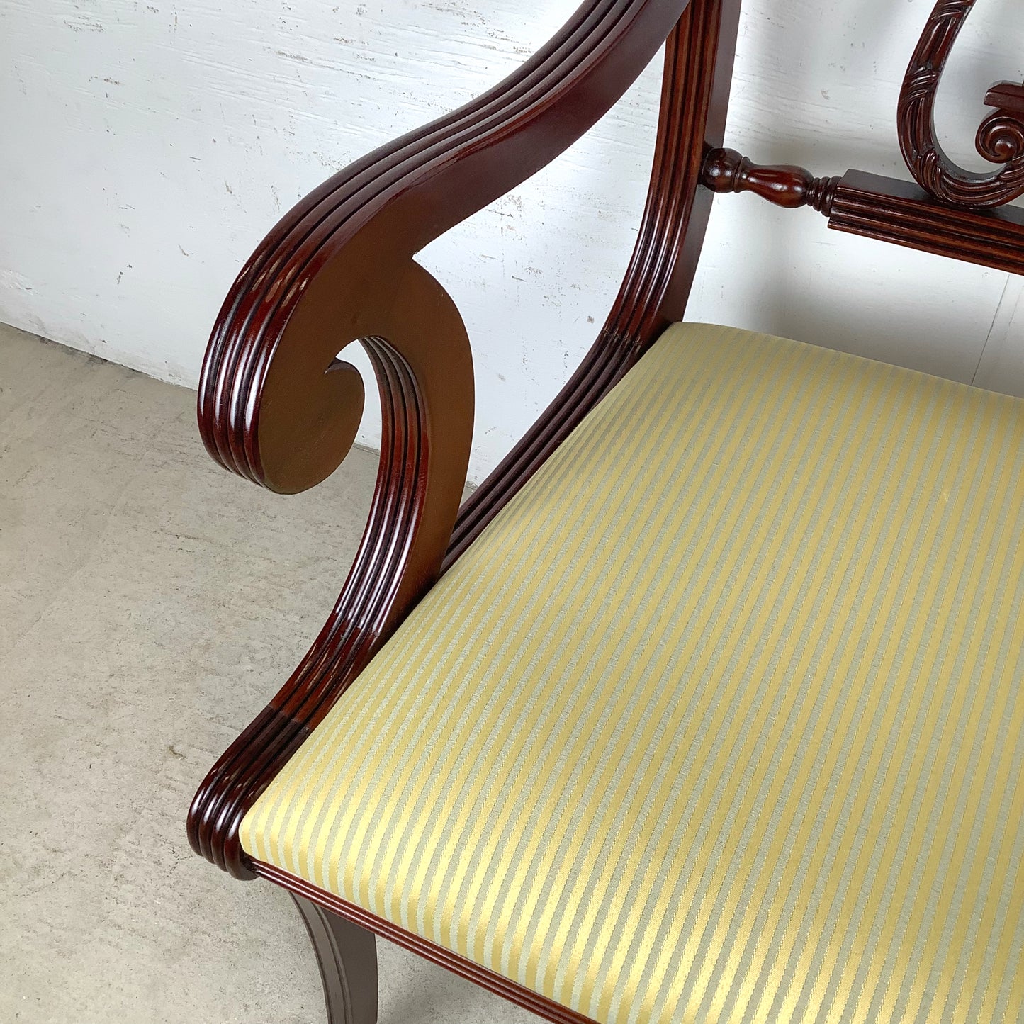 Elegant Vintage Lyre-Back Mahogany Accent Chair With Upholstered Seat