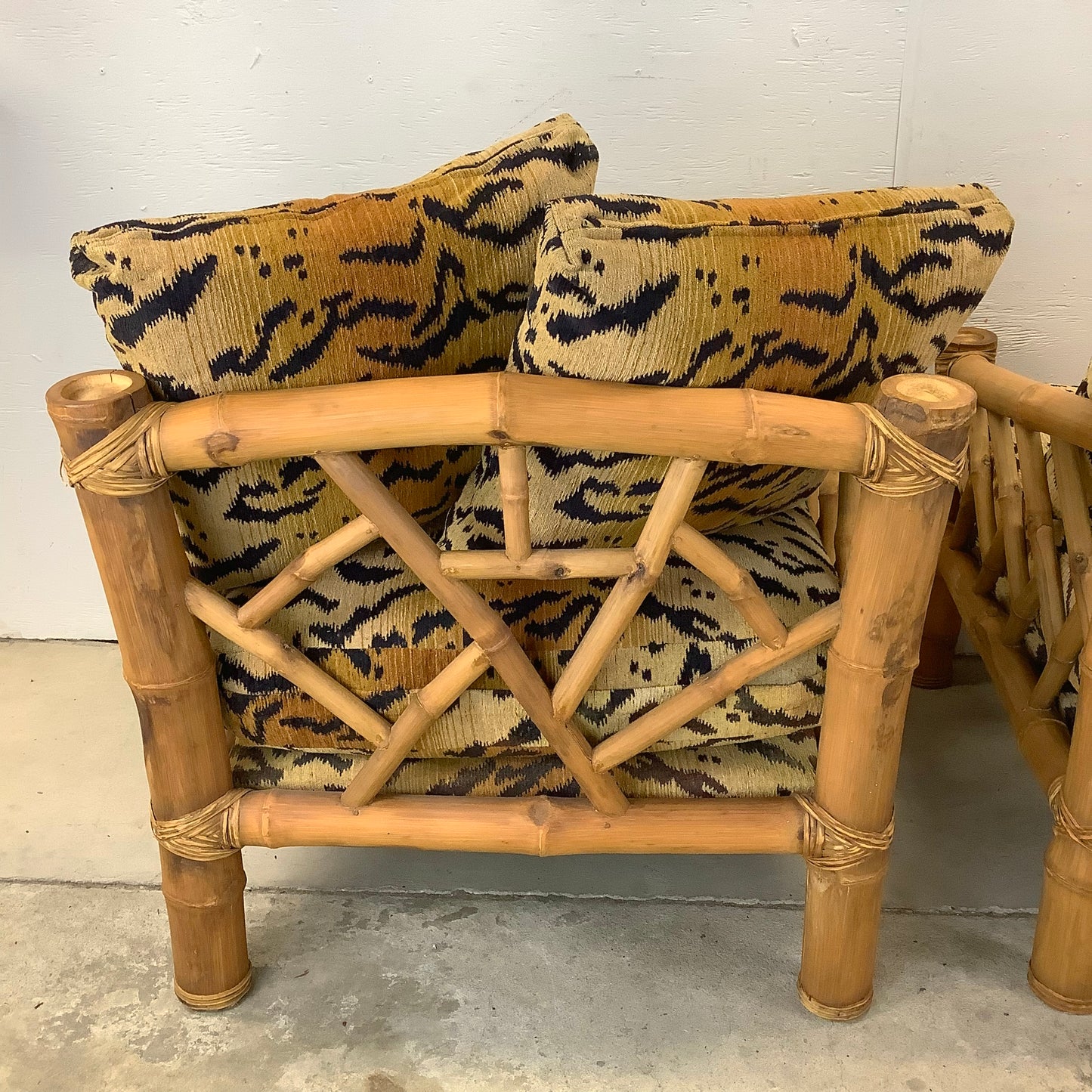 Vintage Bamboo Armchairs & Ottoman in Tiger Print