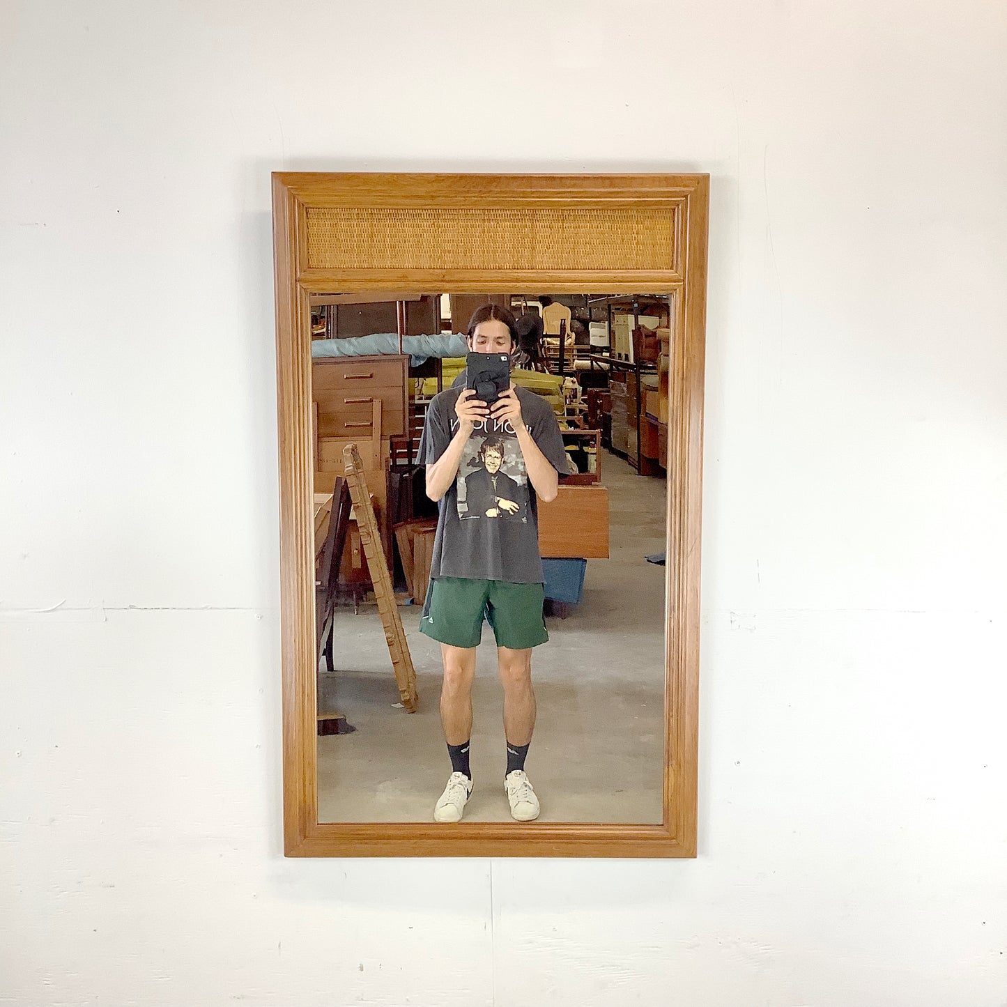 Vintage Modern Oak & Rattan Wall Mirror