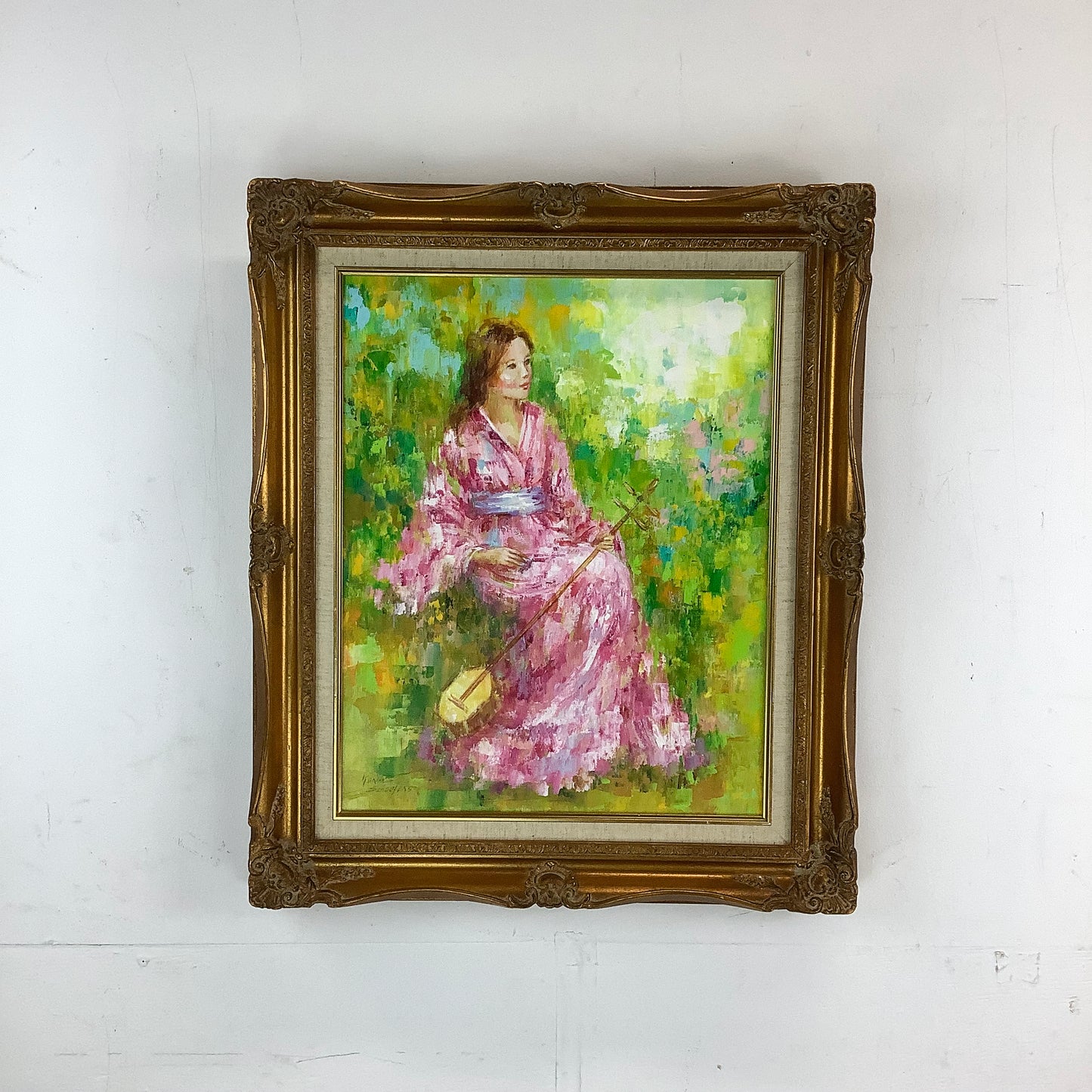 Original Vintage Oil by Karin Schaefers – Woman in Pink Kimono