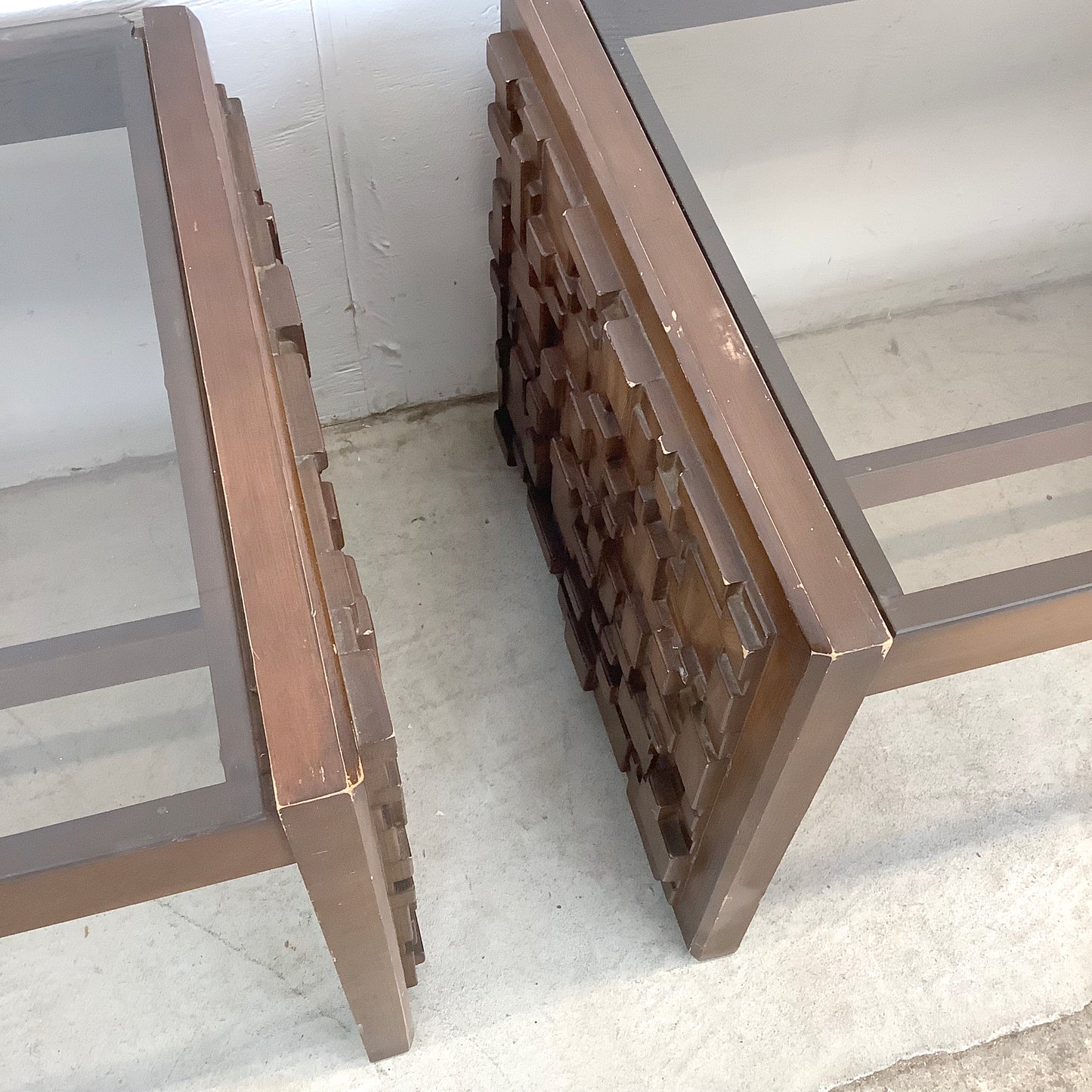 Pair Brutalist Modern Glass Top End Tables