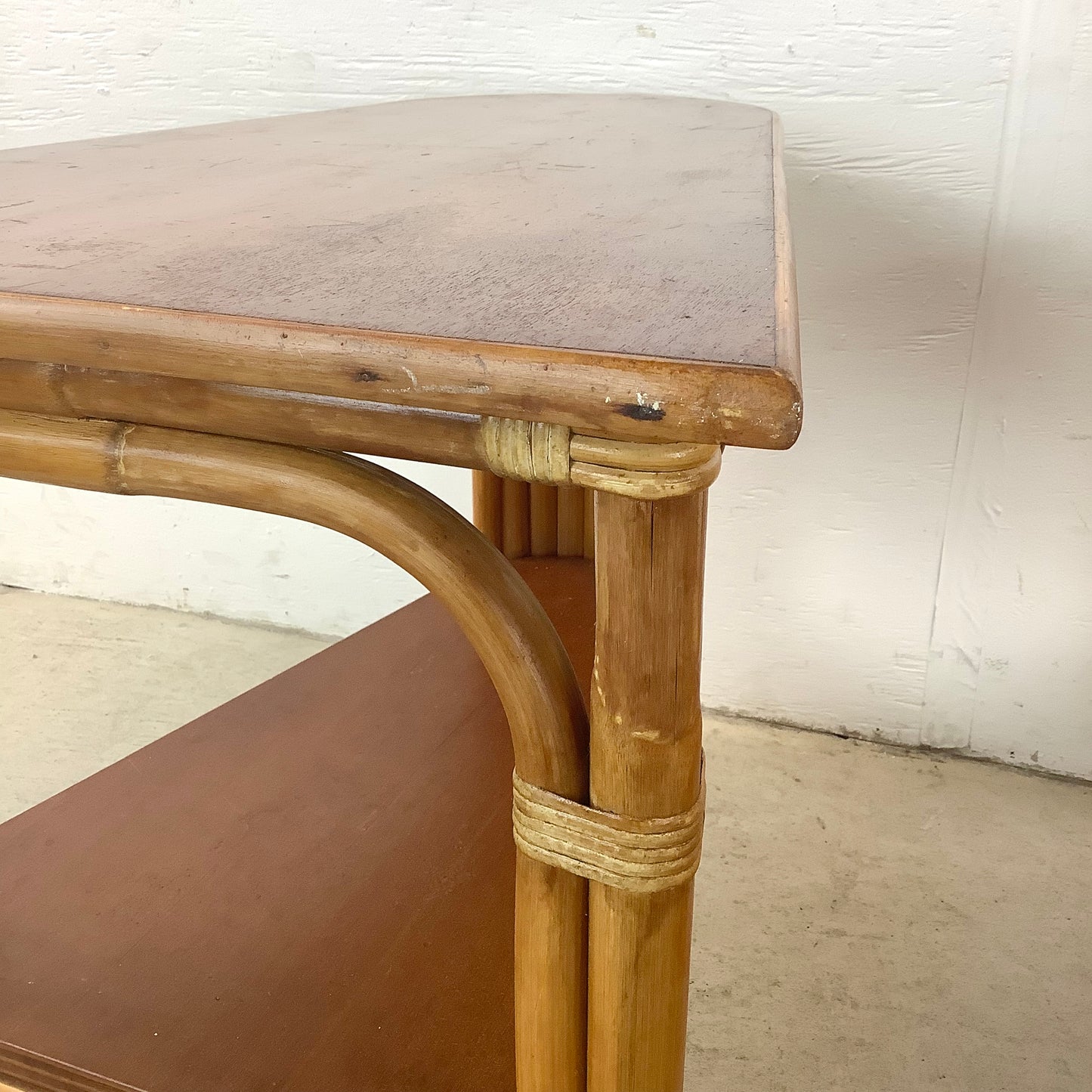 Pair Paul Frankl Style Rattan Wedge End Tables
