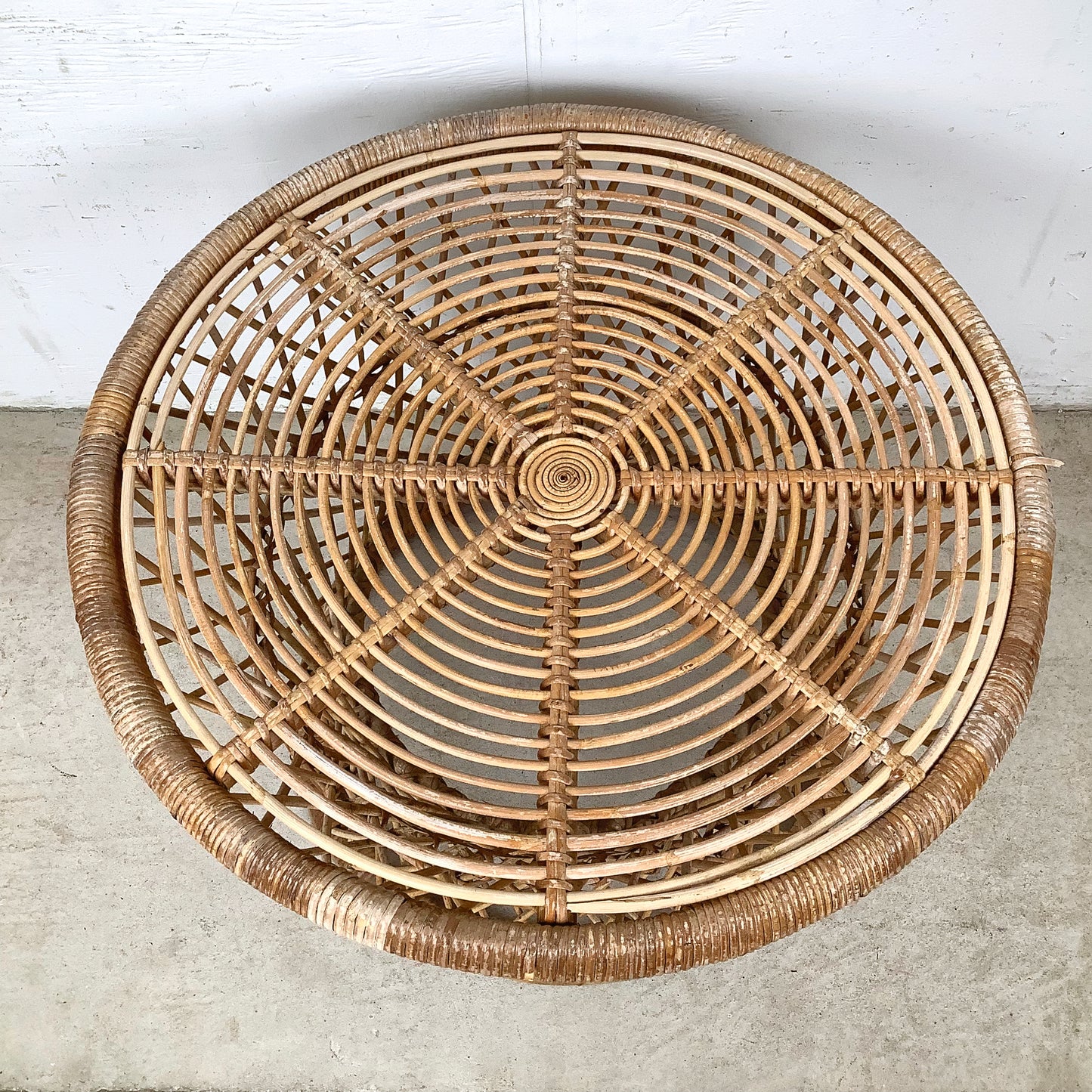 Vintage Wicker Drum Table With Glass Top