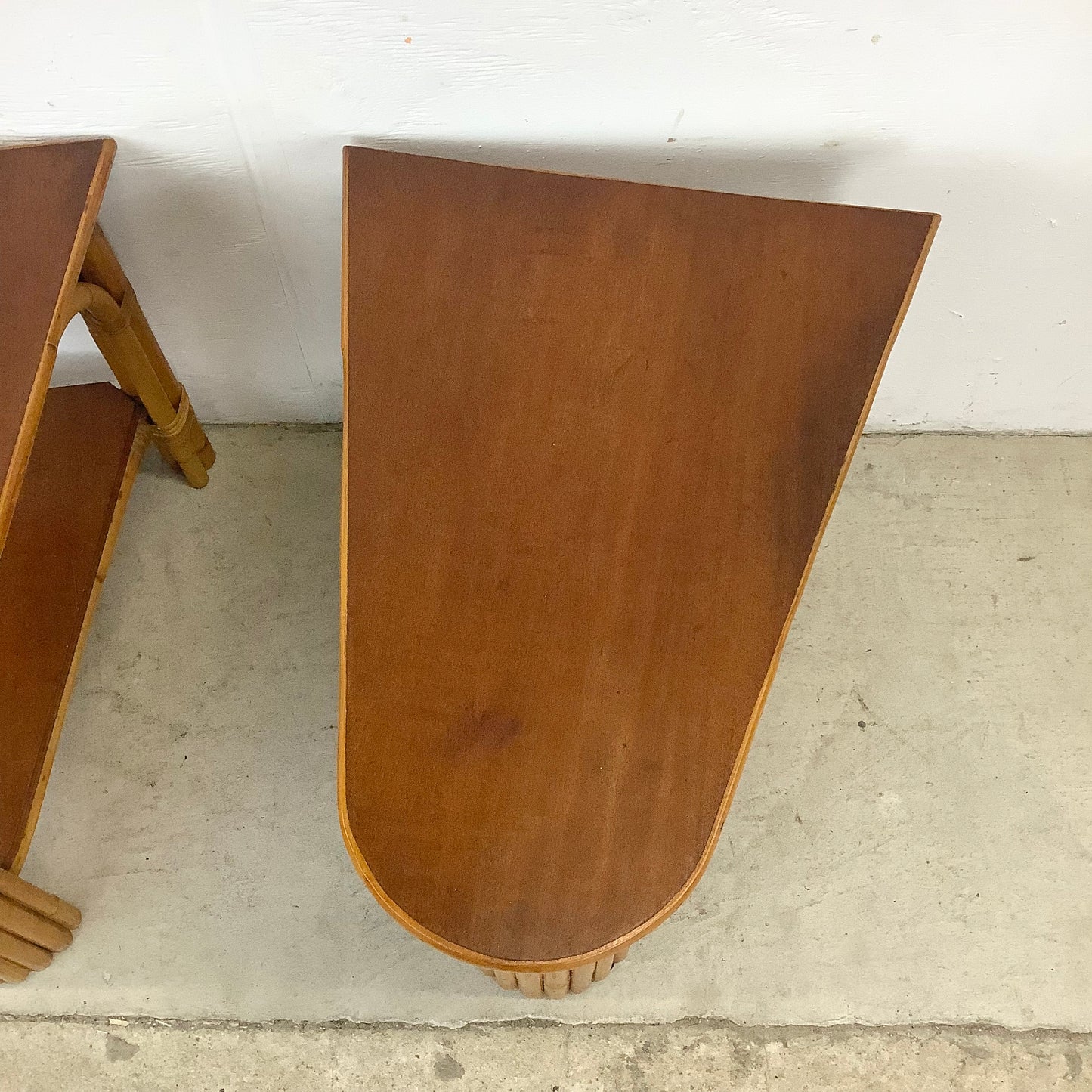 Pair Paul Frankl Style Rattan Wedge End Tables