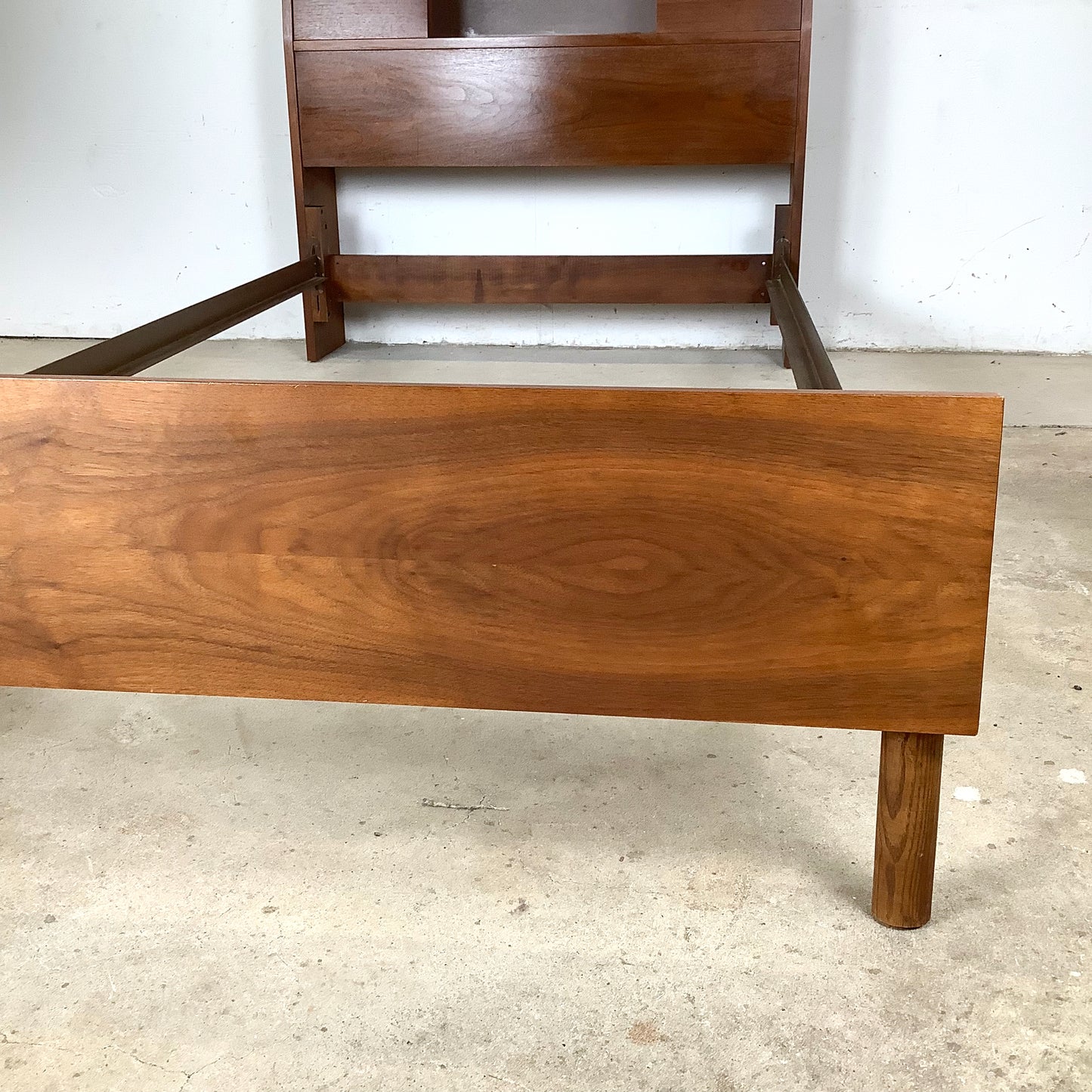 Mid-Century Walnut Twin Bed Frame with Storage Headboard
