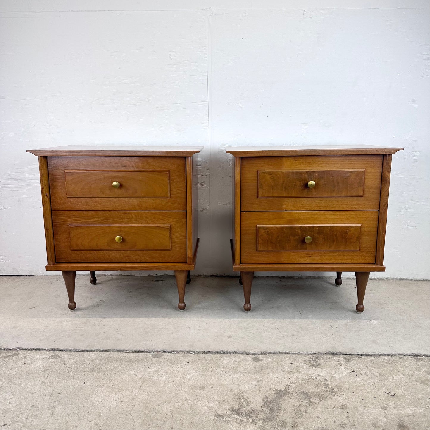 Mid-Century Two Drawer Nightstands with Drumstick Legs