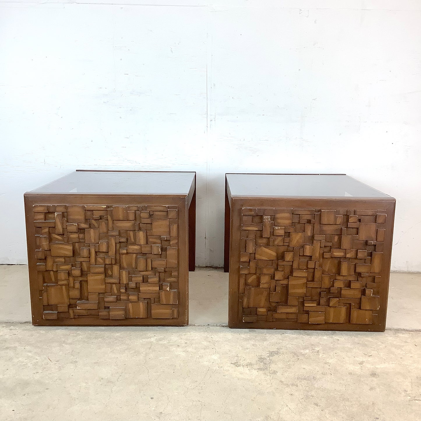 Pair Brutalist Modern Glass Top End Tables