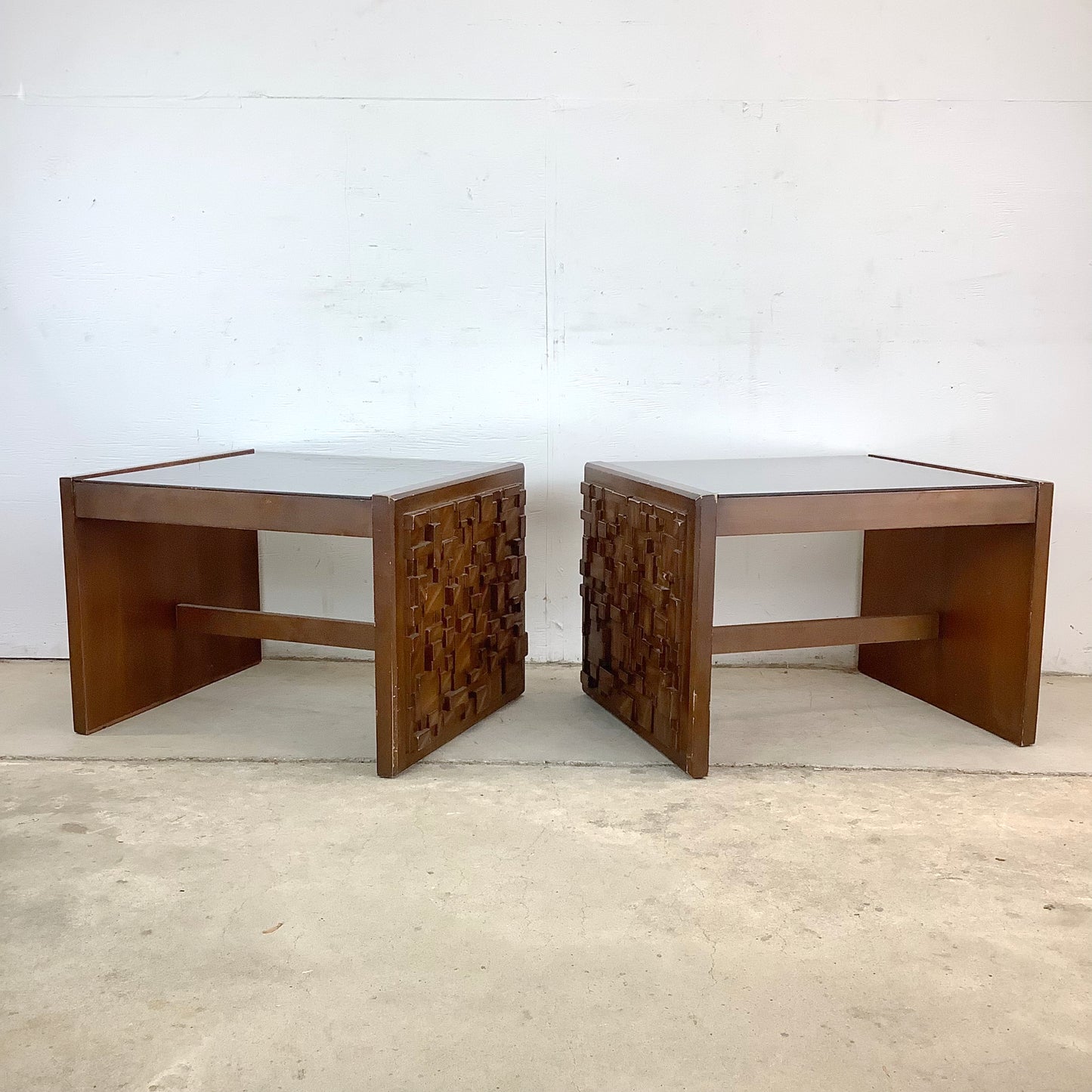 Pair Brutalist Modern Glass Top End Tables