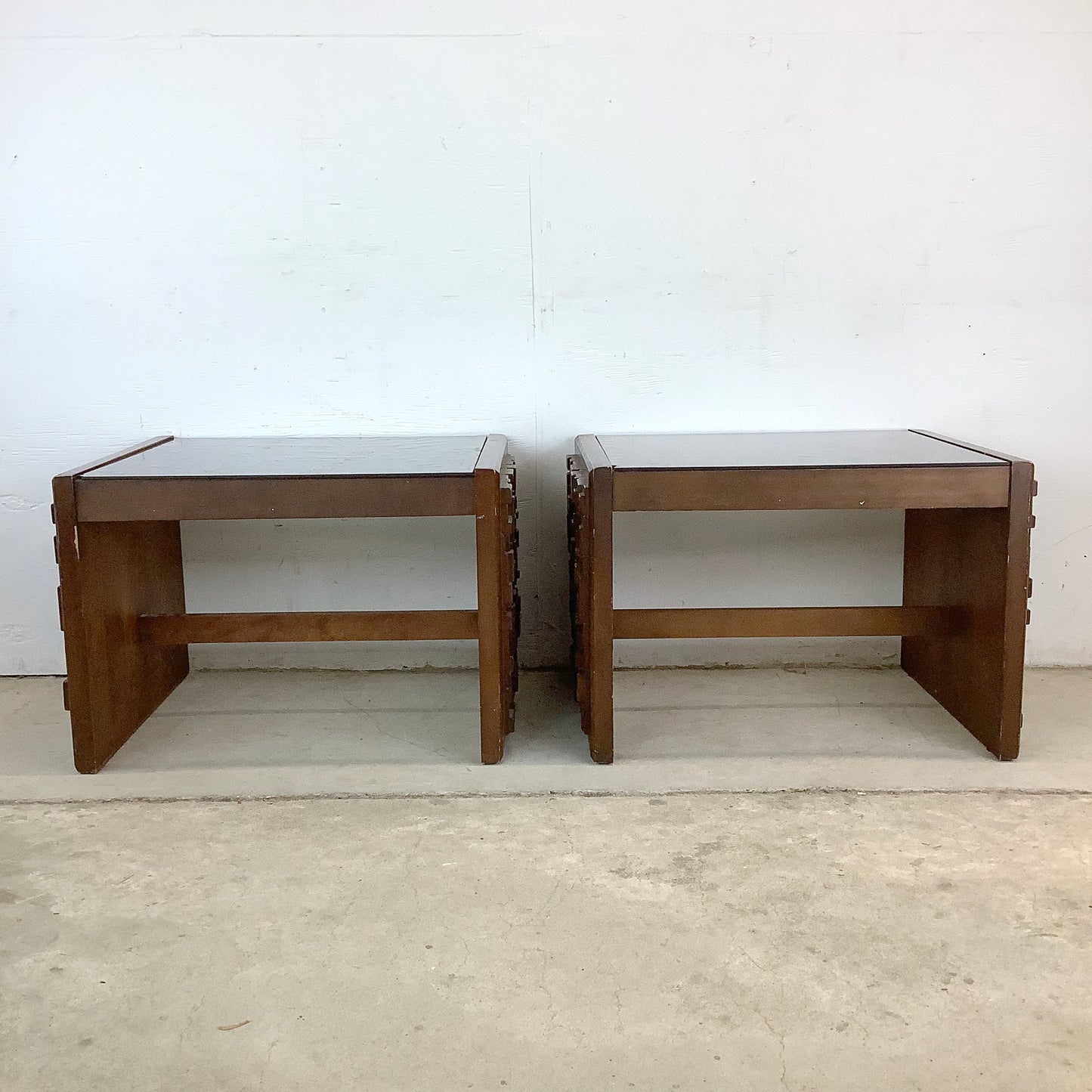 Pair Brutalist Modern Glass Top End Tables