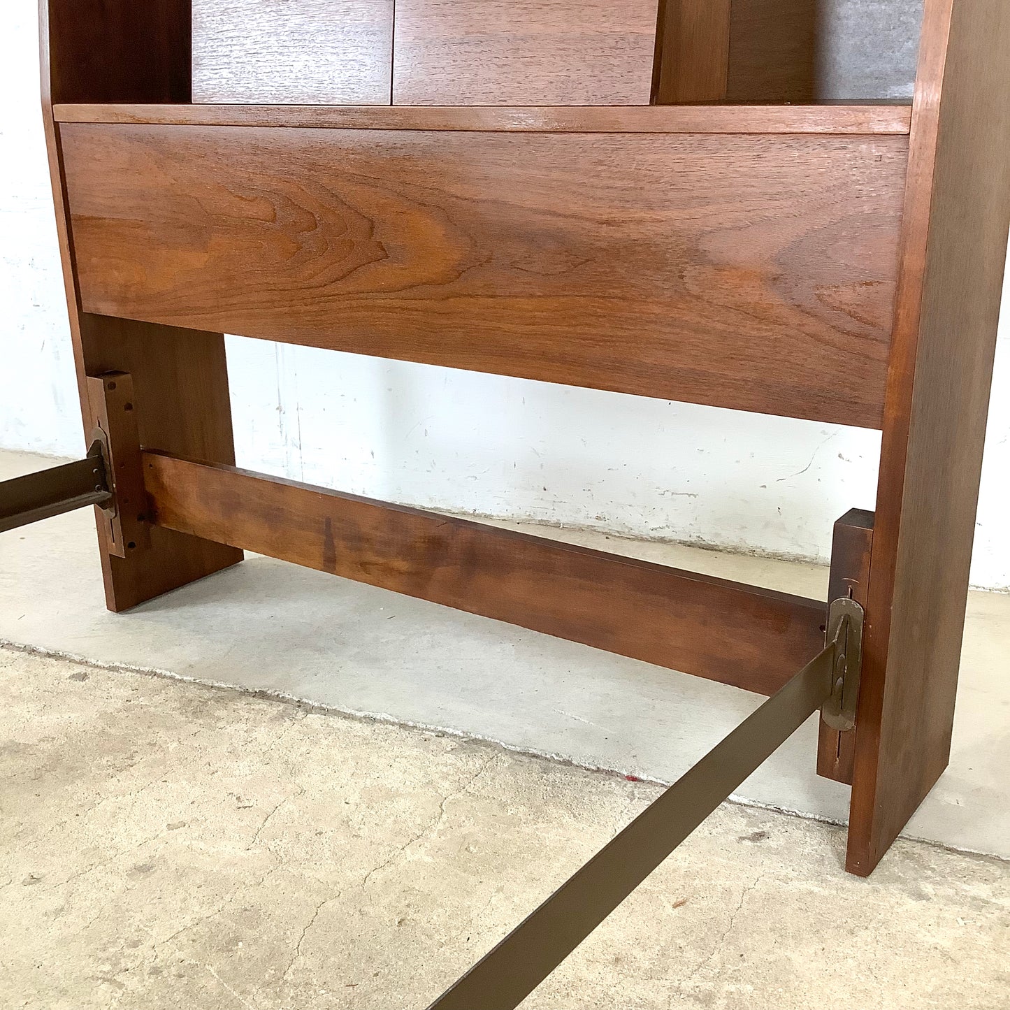 Mid-Century Walnut Twin Bed Frame with Storage Headboard