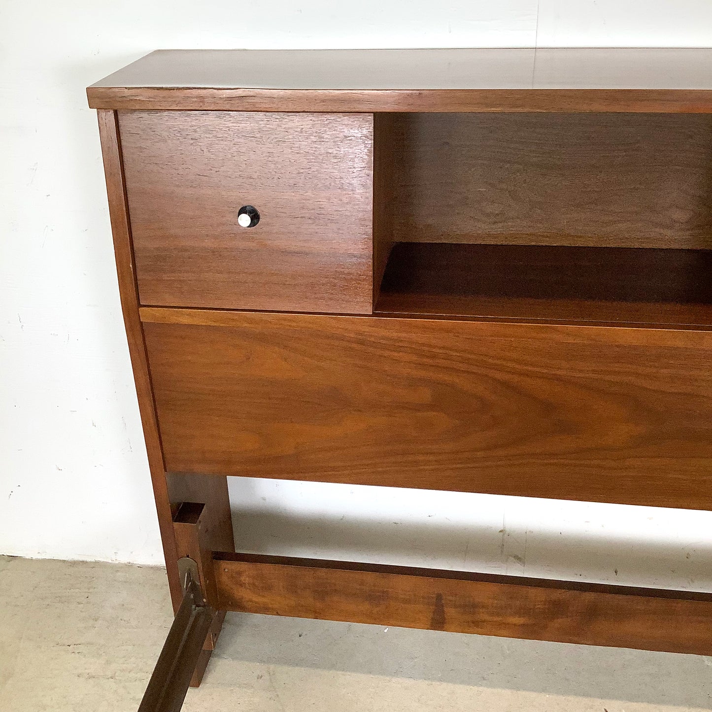 Mid-Century Walnut Twin Bed Frame with Storage Headboard