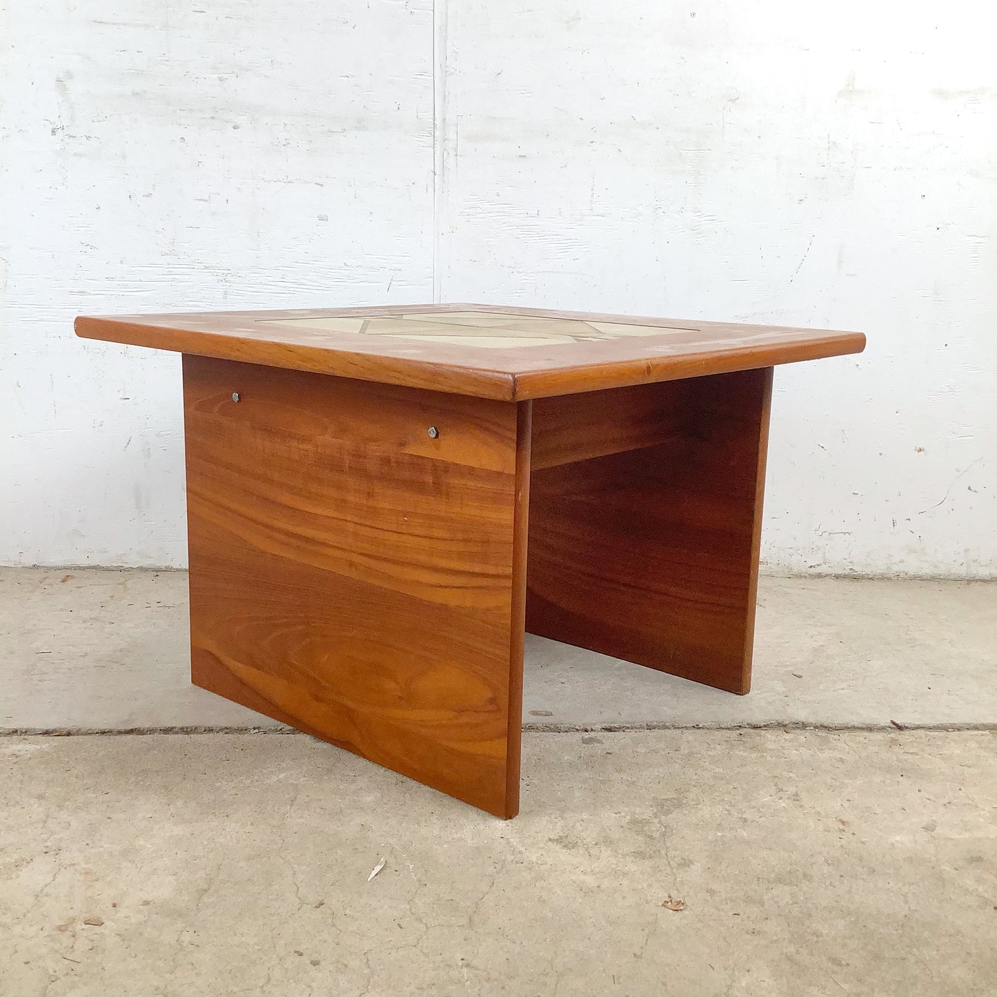 Vintage Danish Modern Teak Side Table with Ceramic Tile Inset — Geometric, Scandinavian, 1960s–1970s