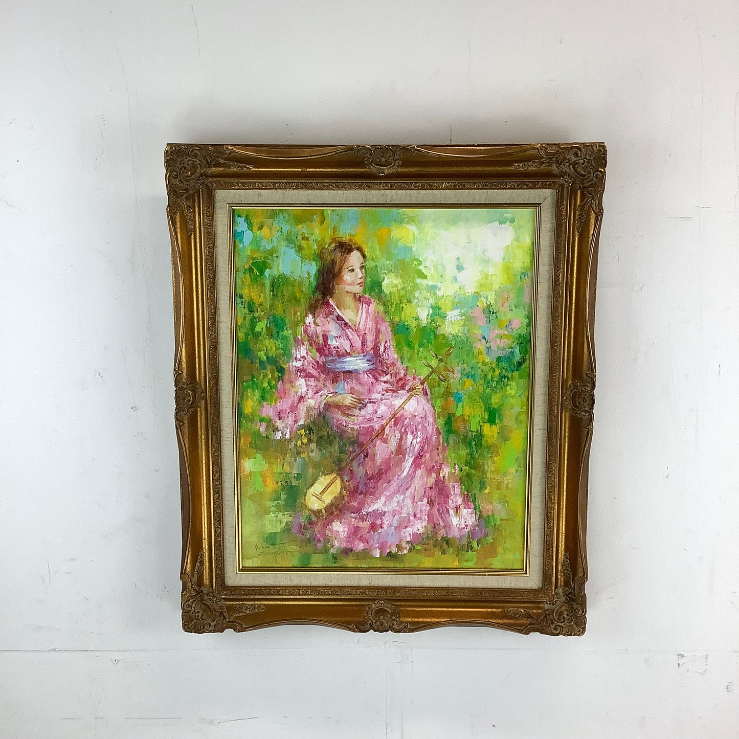 Original Vintage Oil by Karin Schaefers – Woman in Pink Kimono