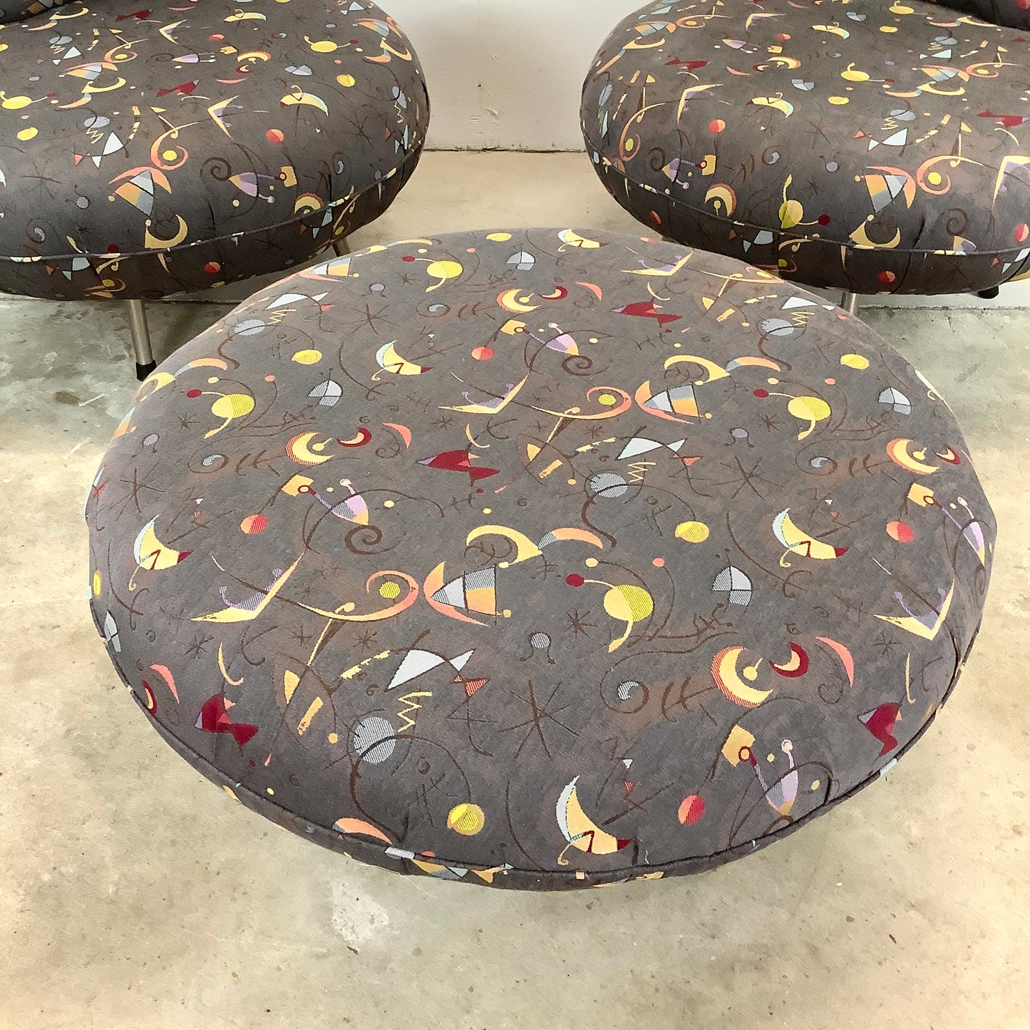 Pair Modern Swivel Disc Chairs With Ottoman
