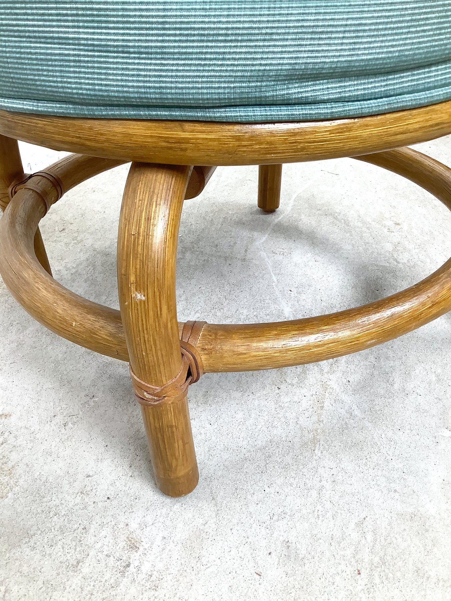 Vintage Rattan Round Ottoman — 1980s Coastal Style, Seafoam Green Upholstery