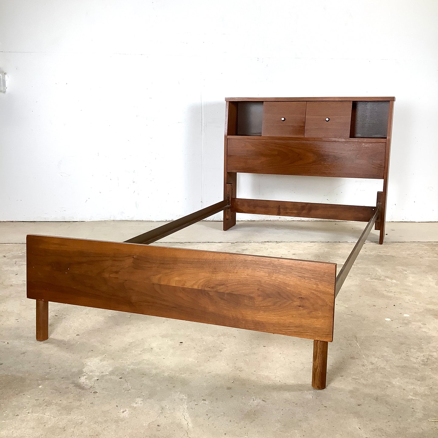 Mid-Century Walnut Twin Bed Frame with Storage Headboard