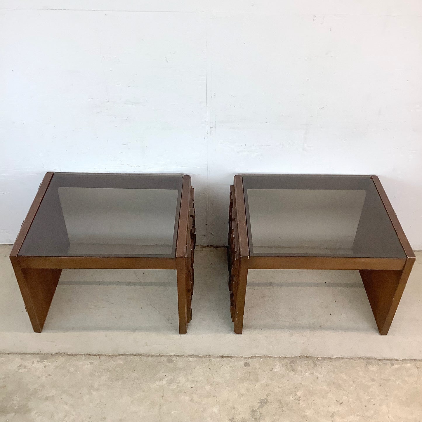 Pair Brutalist Modern Glass Top End Tables