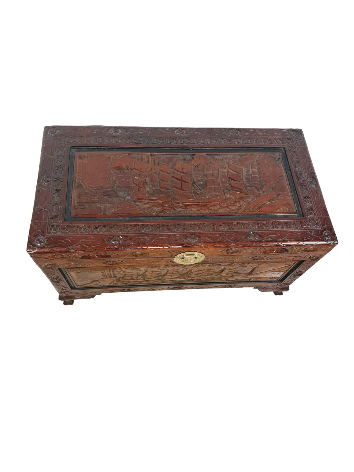 Vintage Asian Carved Wood Storage Chest with Figural Relief Carvings
