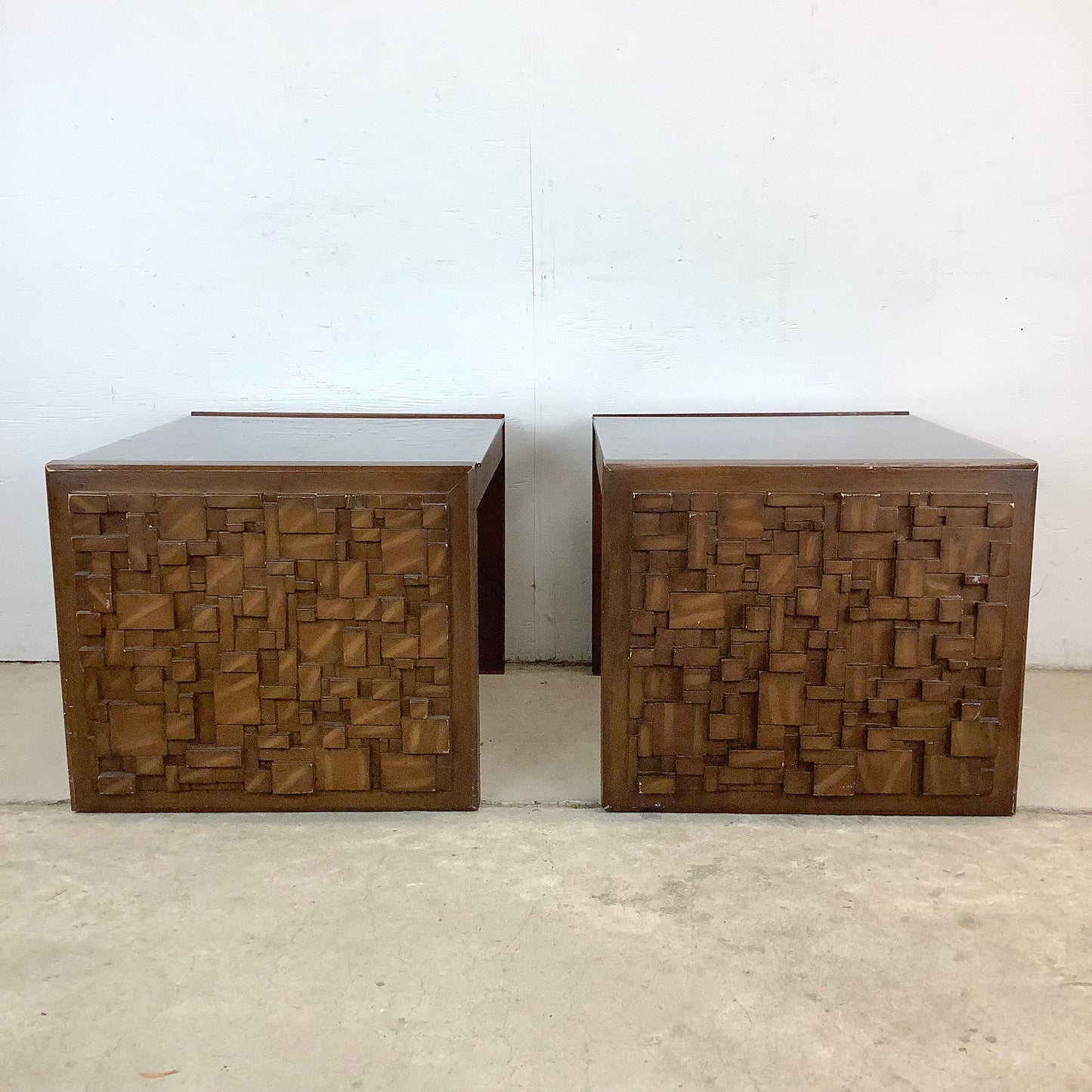 Pair Brutalist Modern Glass Top End Tables