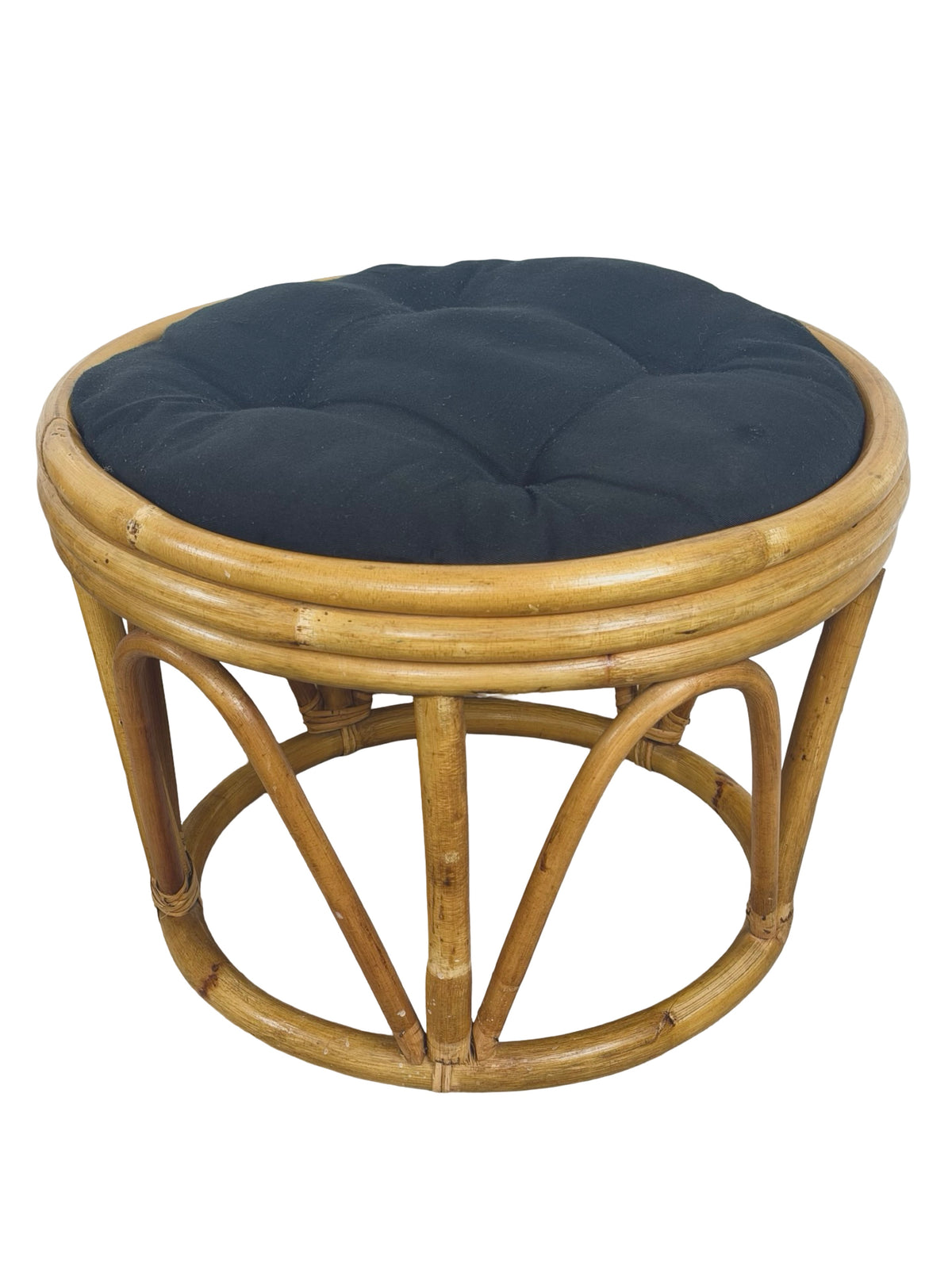 Pair of Vintage Rattan Bamboo Round Ottoman Footstools with Black Cushions, 1970s