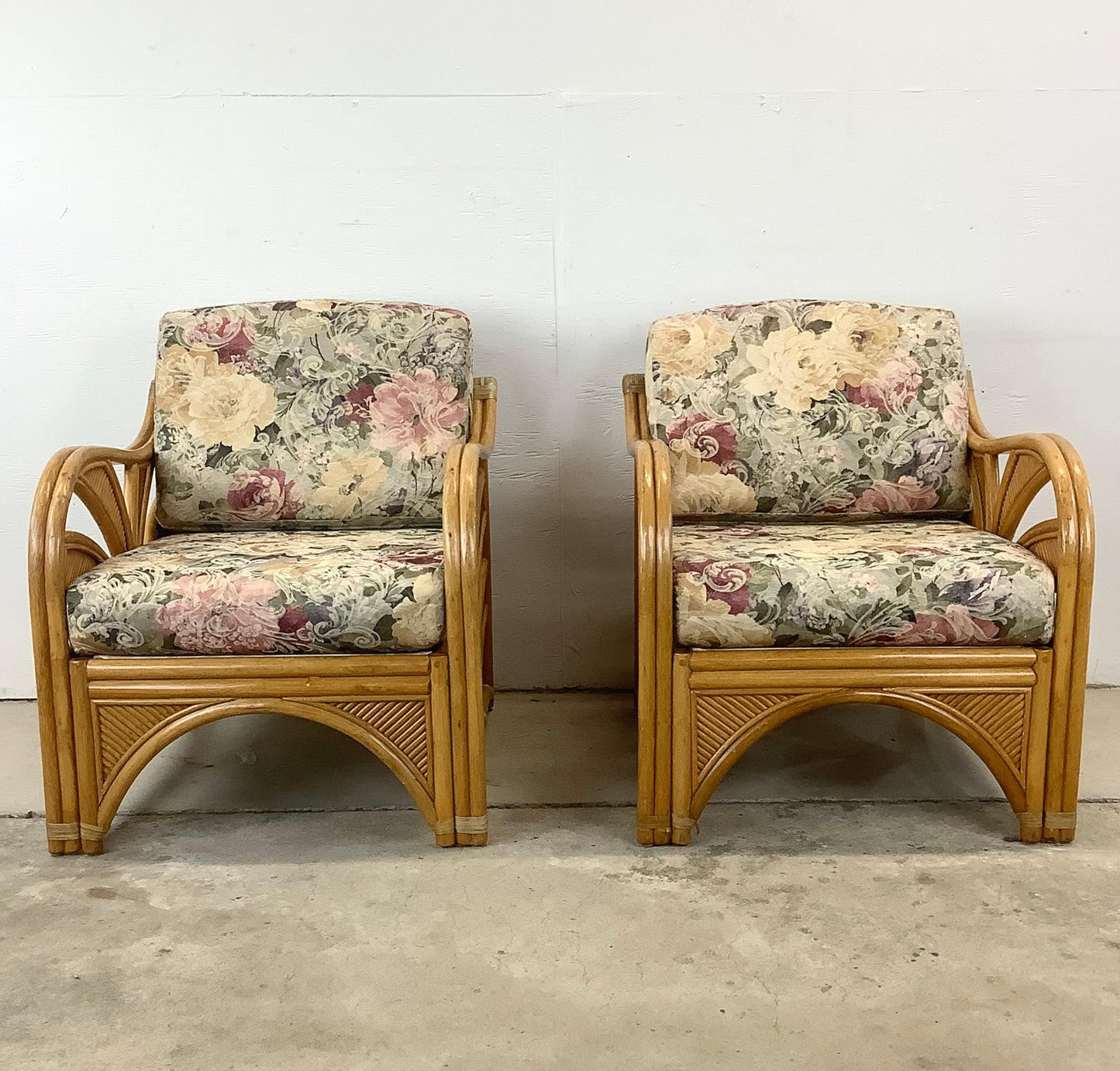 Pair Vintage Coastal Rattan Lounge Chairs