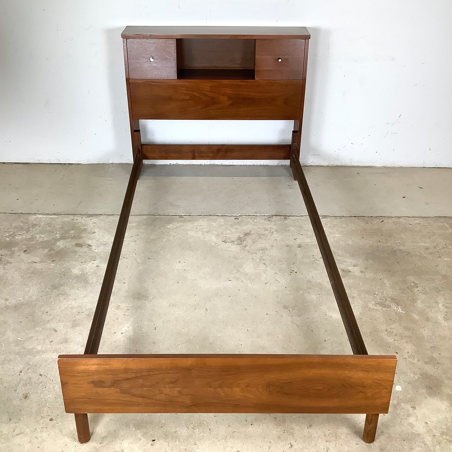 Mid-Century Walnut Twin Bed Frame with Storage Headboard