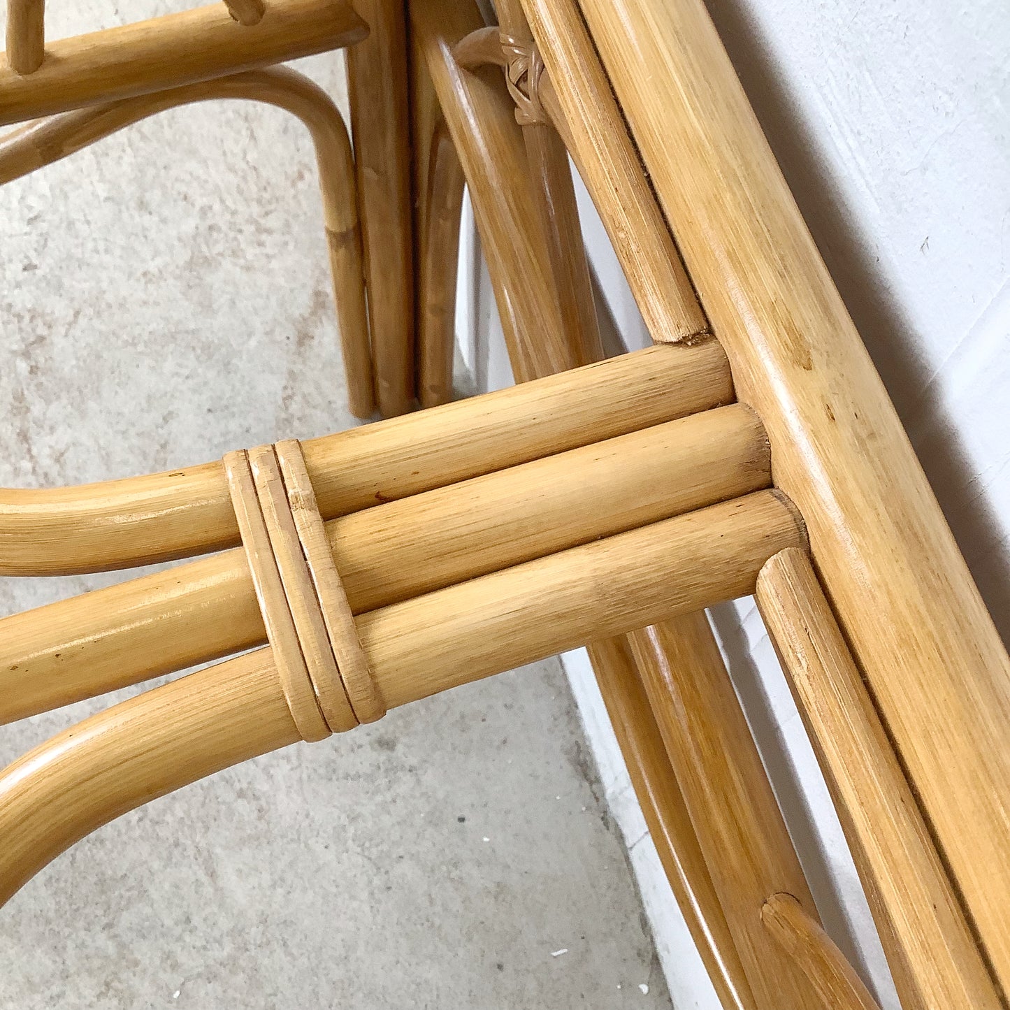 Vintage Bent Rattan Side Table with Inset Glass Top — Arch Apron, circa 1970s–1980s