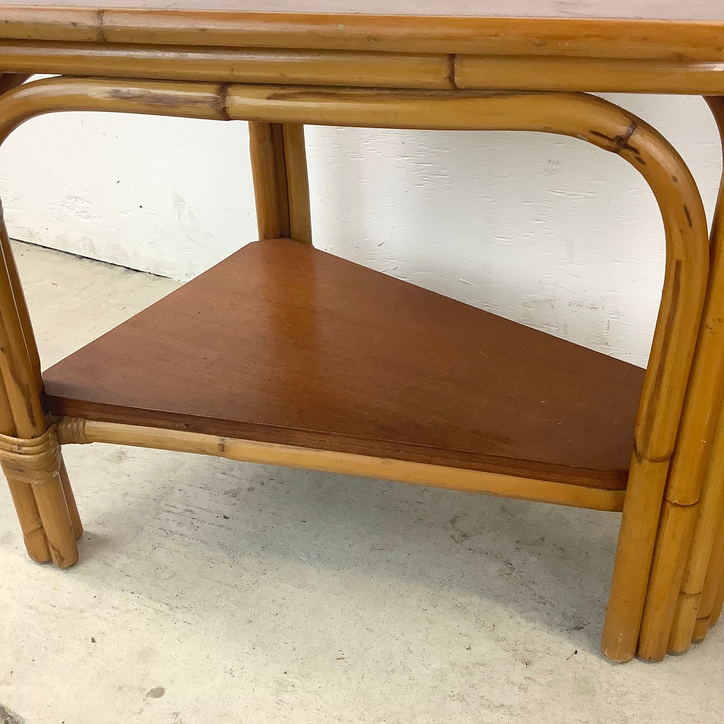 Pair Paul Frankl Style Rattan Wedge End Tables
